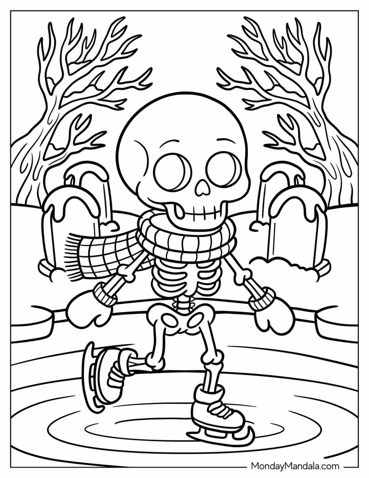 Skeleton Coloring Page in a Plaid Scarf Skating in a Snowy Graveyard