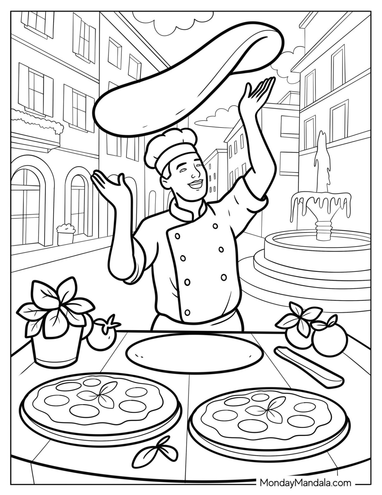 Skilled Chef Tossing Pizza Coloring Page Dough in the Air