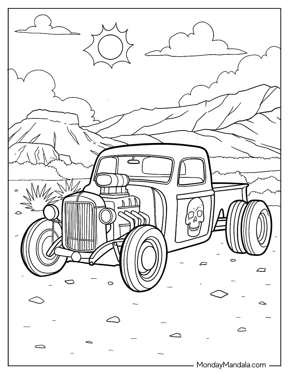 Skull Emblazoned Hot Rod Coloring Page Truck Under the Sun in Rocky Terrain