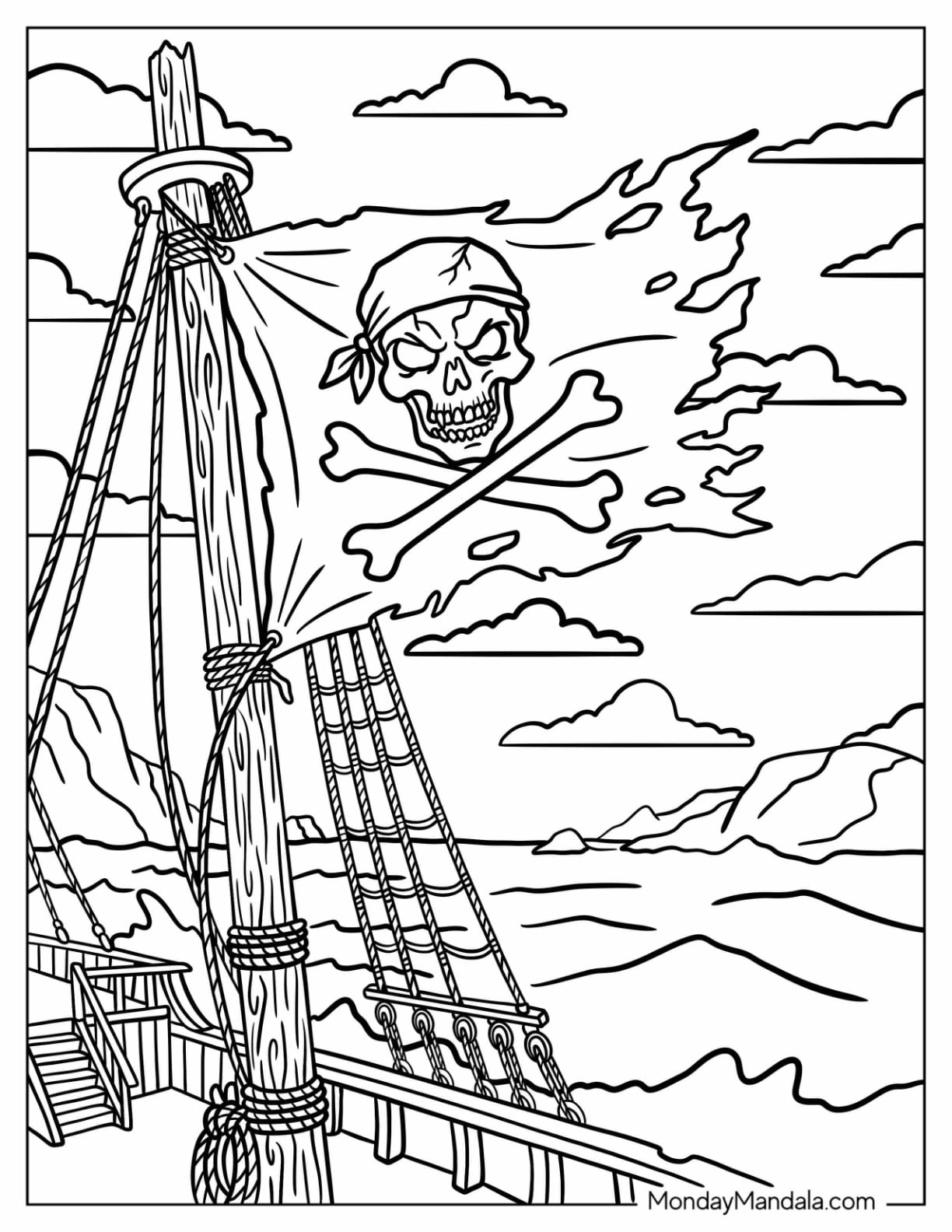 Skull and Crossbones Pirate Flag Flying Above a Ship Coloring Page