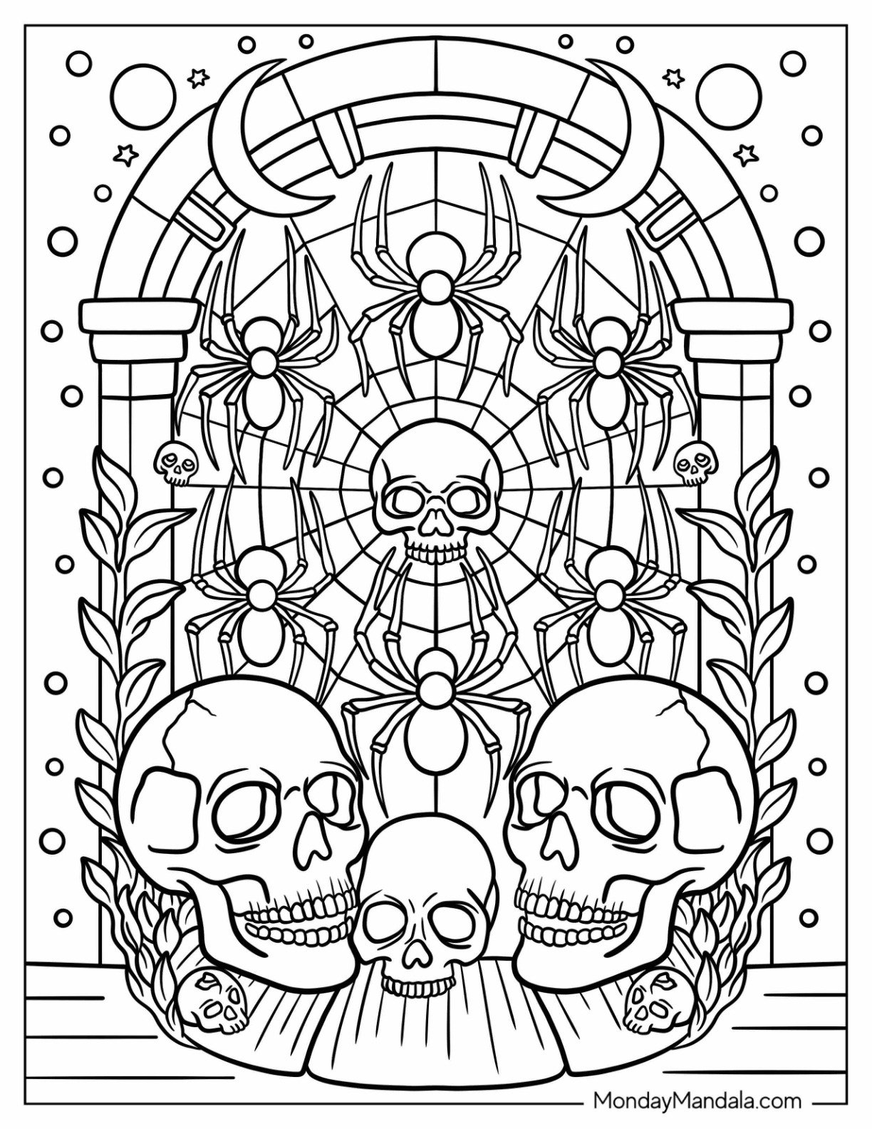 Halloween Coloring Page for Adults of Skull and Spider Web Design with Creepy Hanging Spiders
