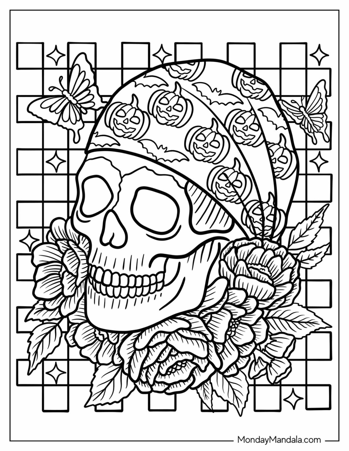 Skull with Pumpkin Bandana Surrounded by Roses and Butterflies Halloween Coloring Page for Adults