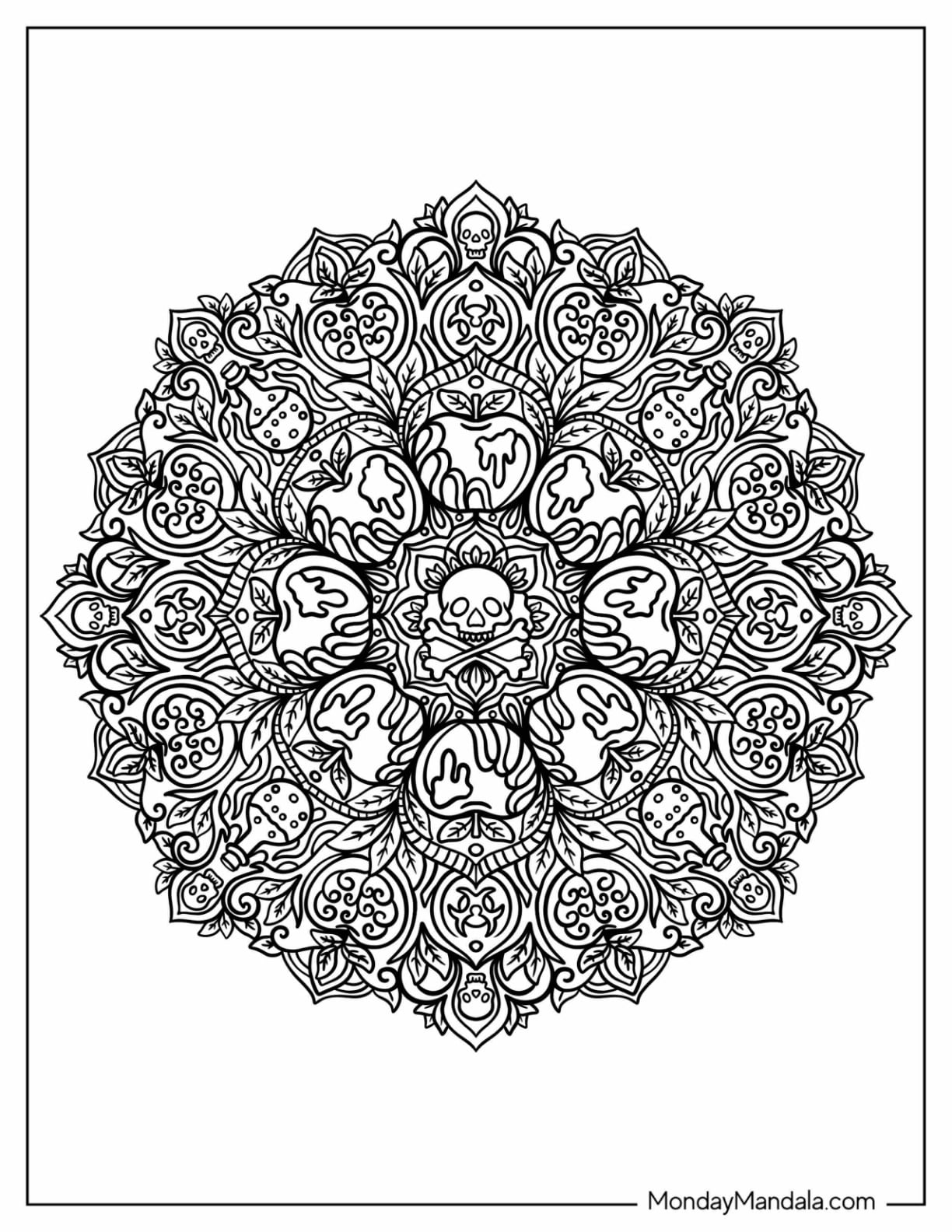 Skulls, Ghosts, and Potion Bottles Halloween Mandala Coloring Sheet