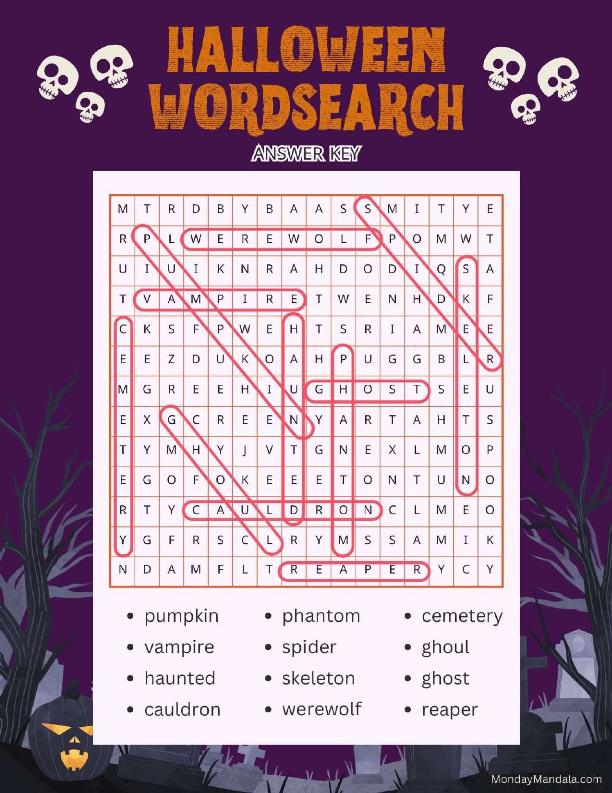 Skulls Halloween Word Search Answer Key