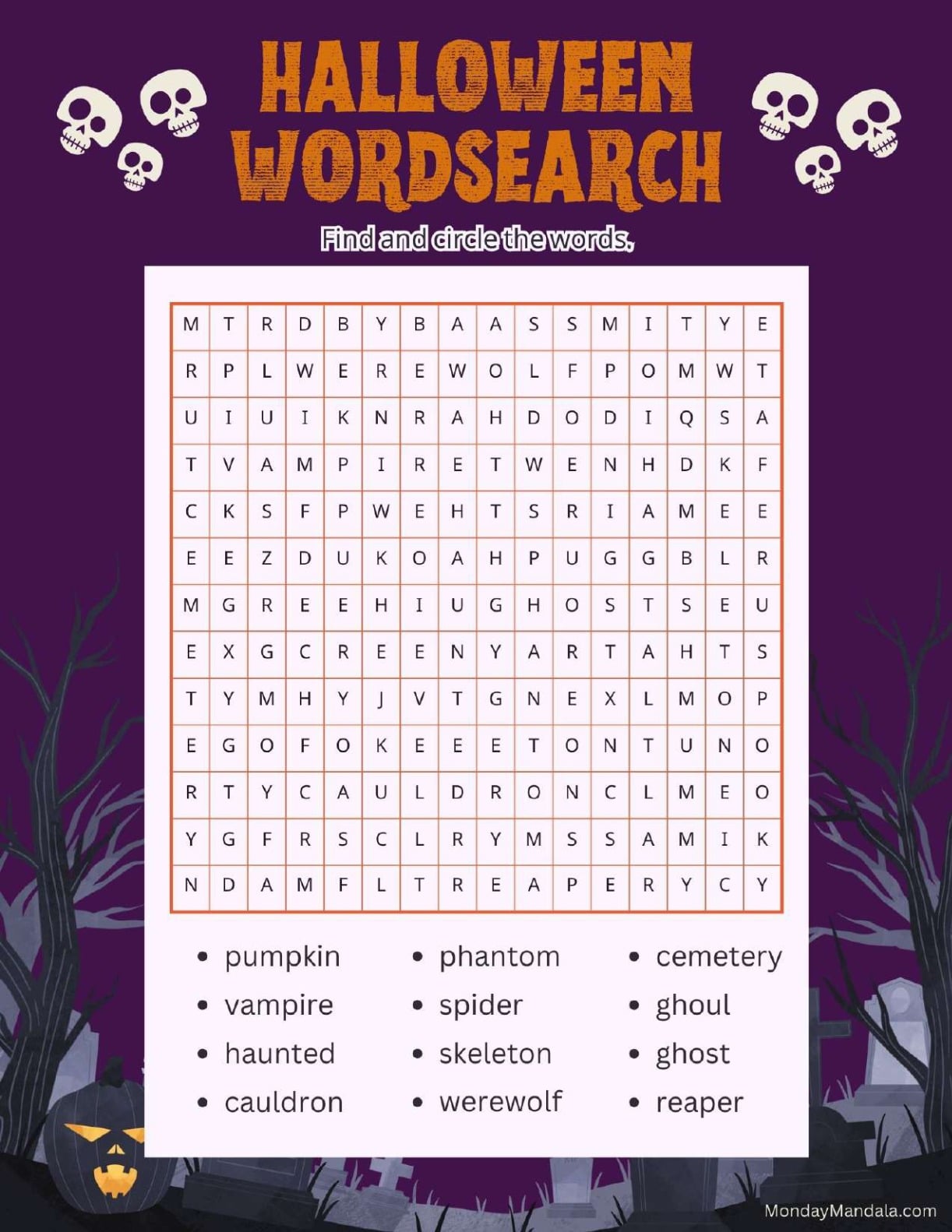 Skulls Halloween Word Search