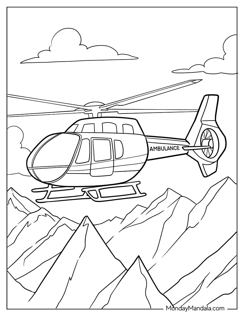 Sleek Medical Ambulance Coloring Page Helicopter Flying Over Mountain Peaks