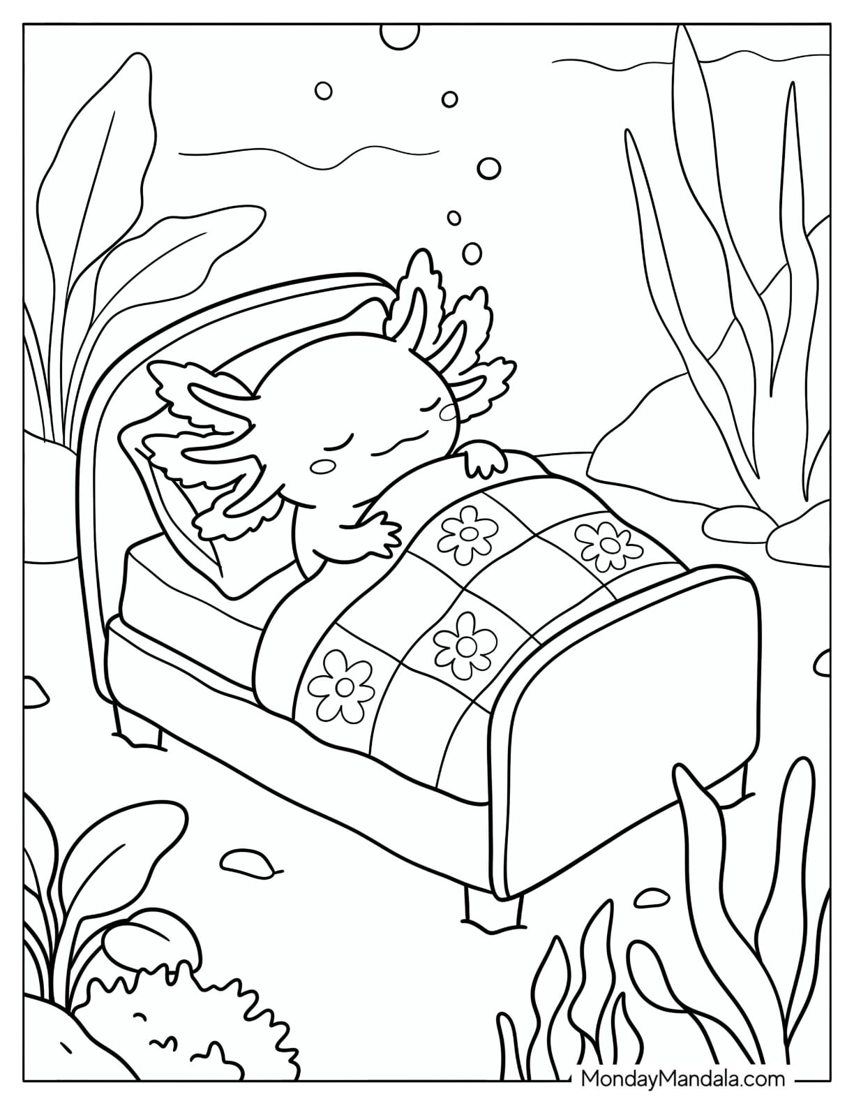 Sleeping Axolotl Tucked into an Underwater Bed Coloring Sheet for Kids