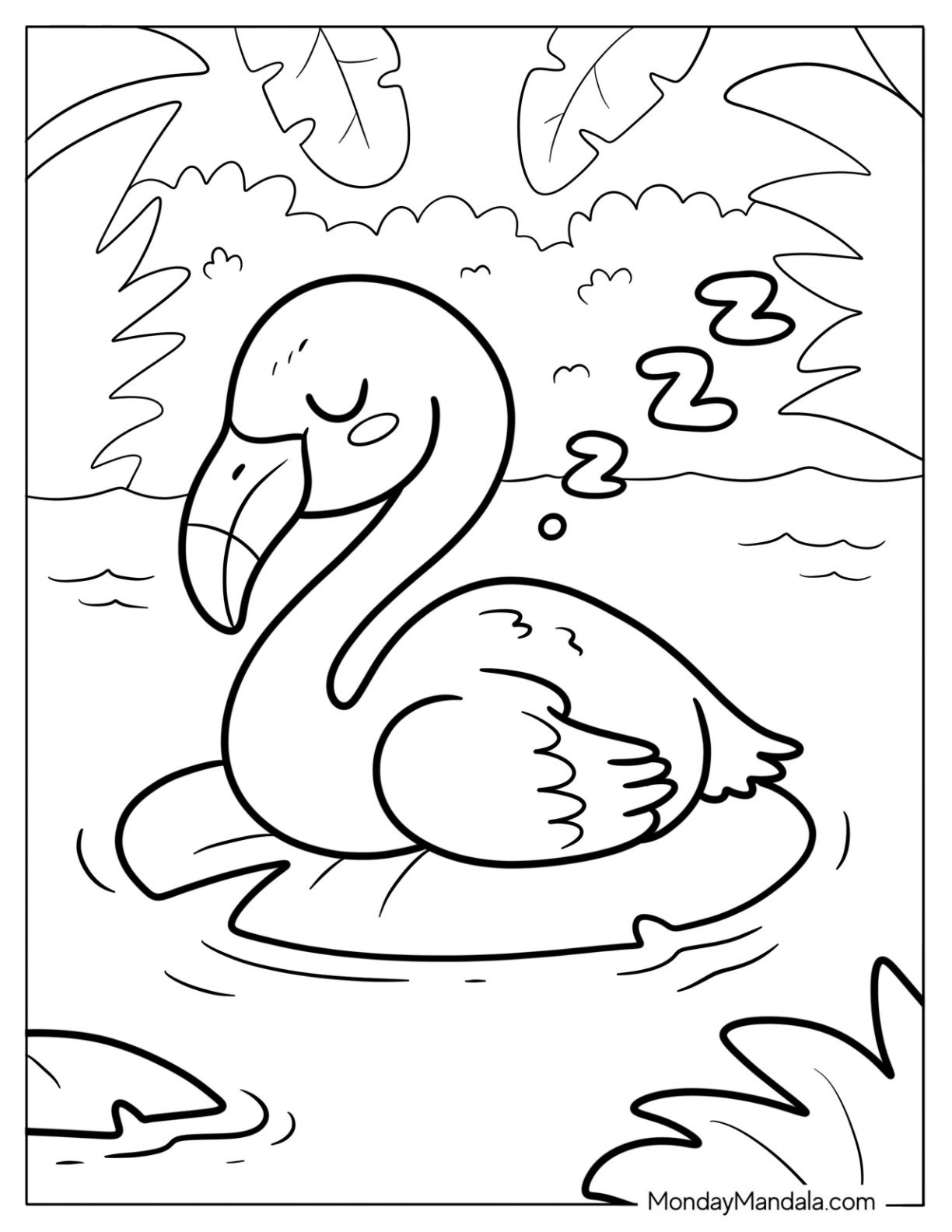 Sleeping Baby Flamingo On A Lily Pad Coloring Page For Kids