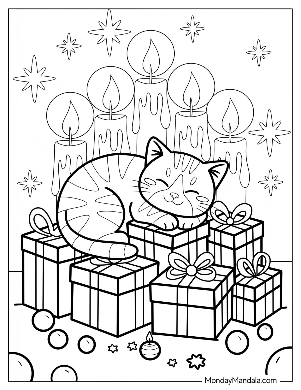 Sleeping Christmas Cat Coloring Page on Wrapped Gifts with Candlelight