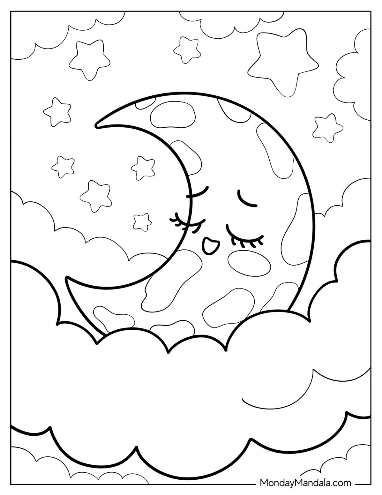 Sleeping Crescent Moon Coloring Page on a Cloud