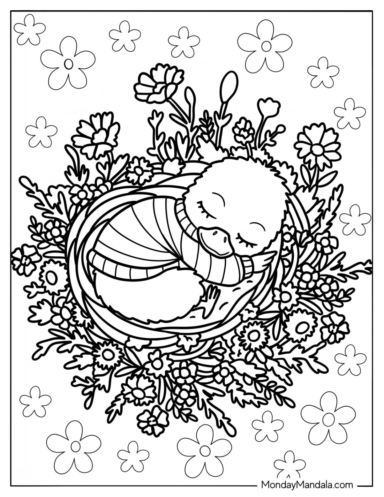 Sleeping Duckling Inside A Flower Wreath