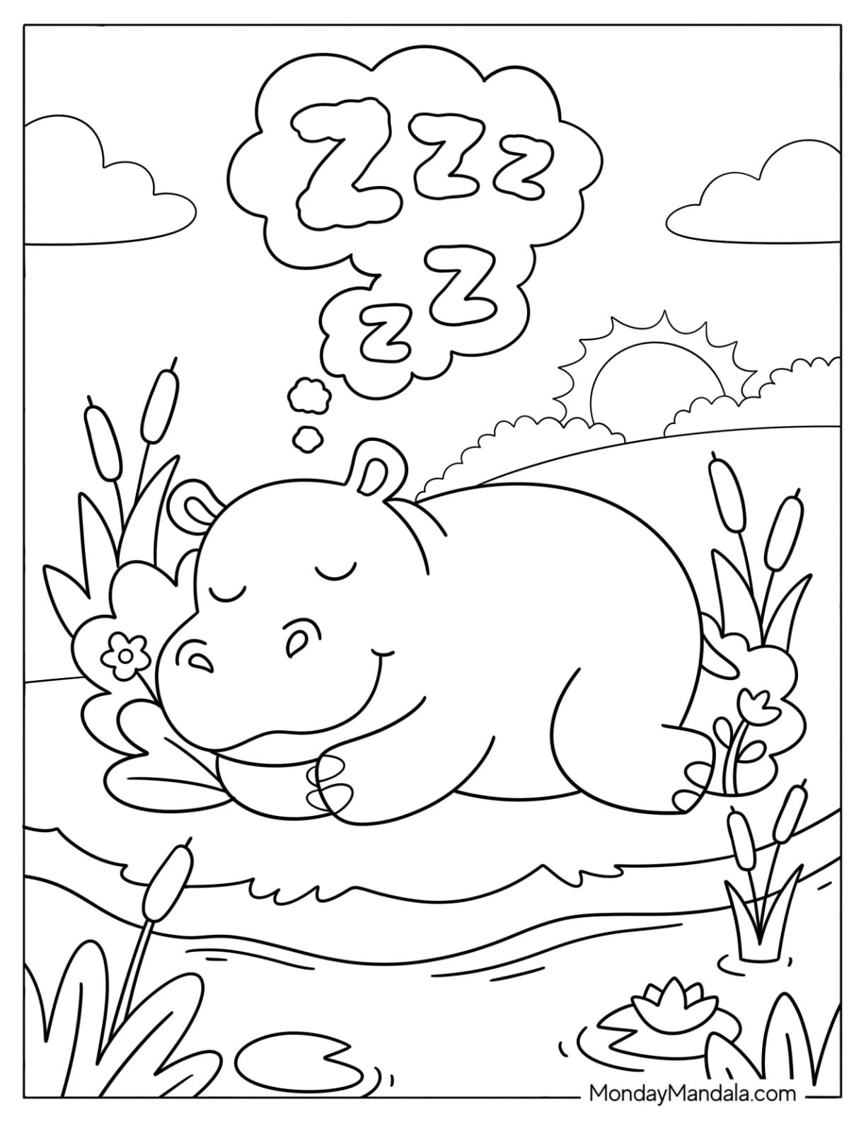 Sleeping Hippo in a Field Coloring Page