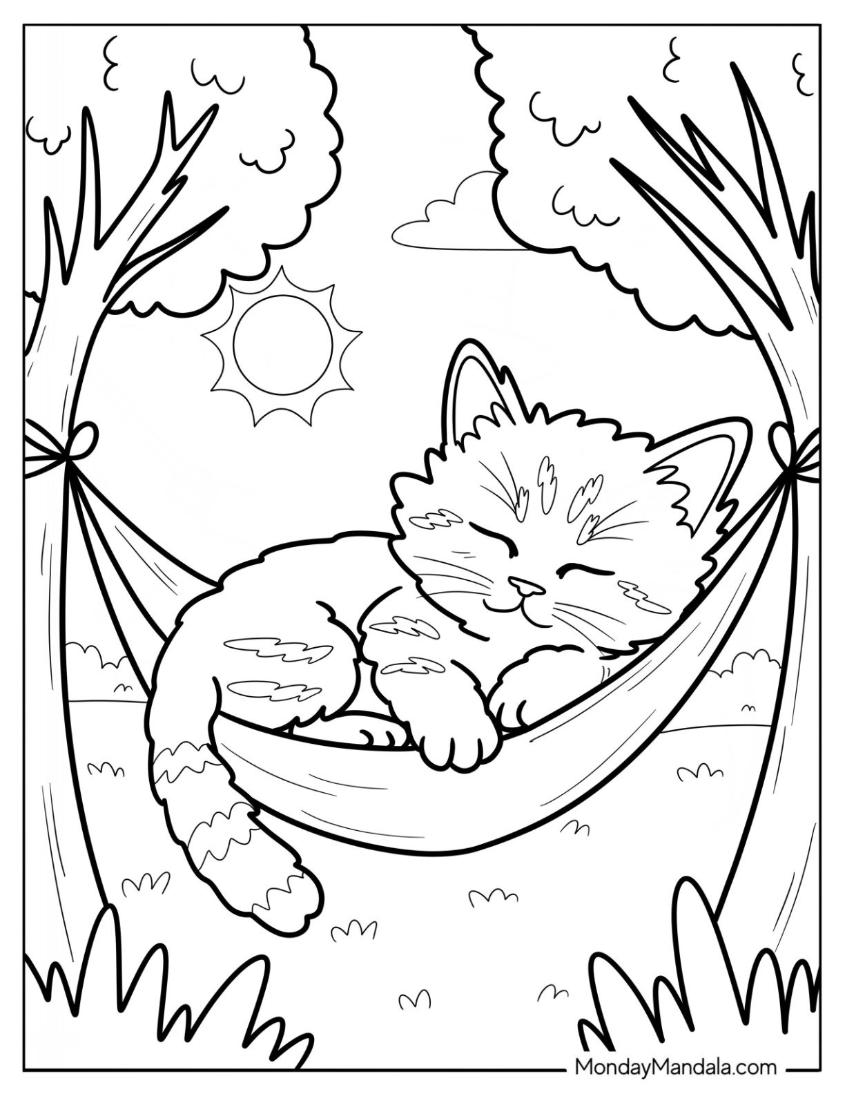 Sleeping Kitten Coloring Page on a Hammock