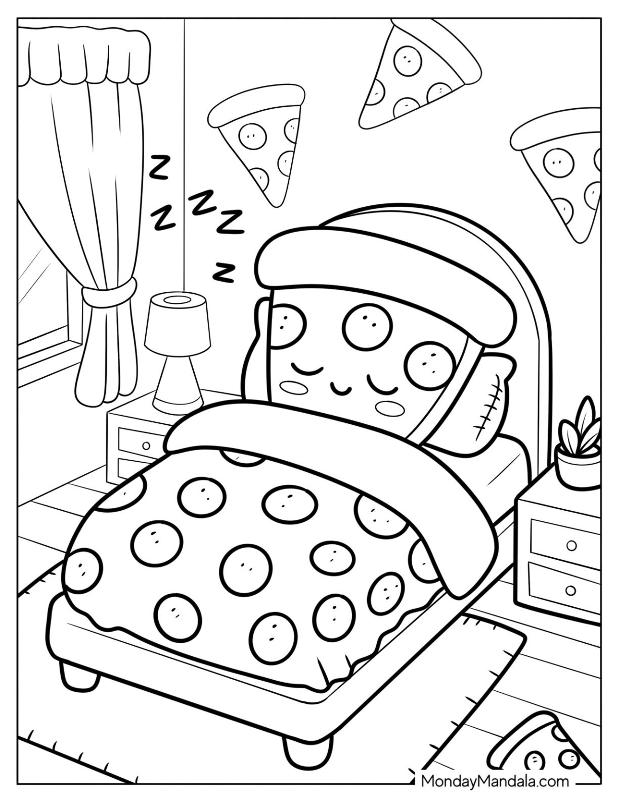 Sleeping Pizza Coloring Page Slice on a Pizza Themed Bedroom