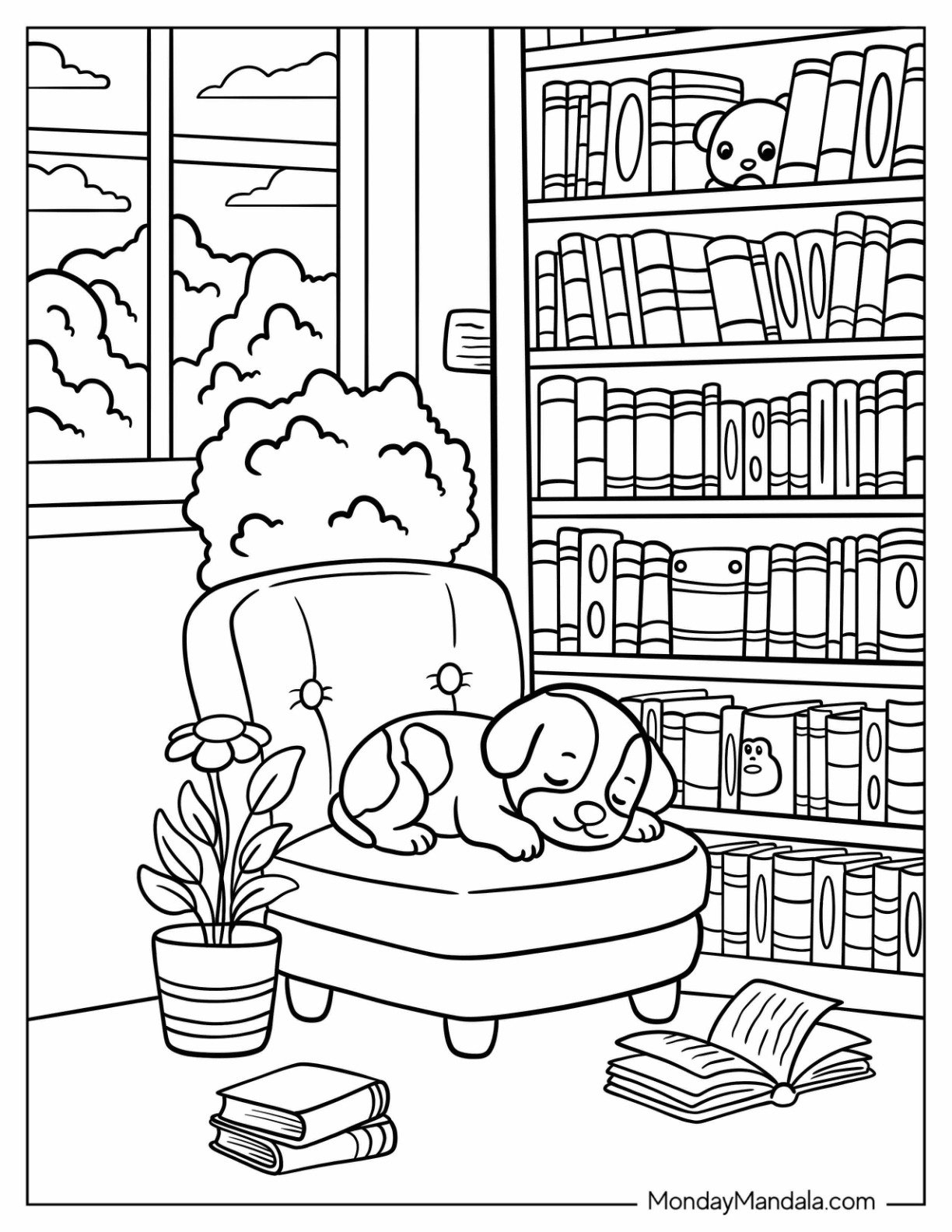 Sleeping Puppy in Library Coloring Page Chair with Books, Window View, and Cozy Bookshelves