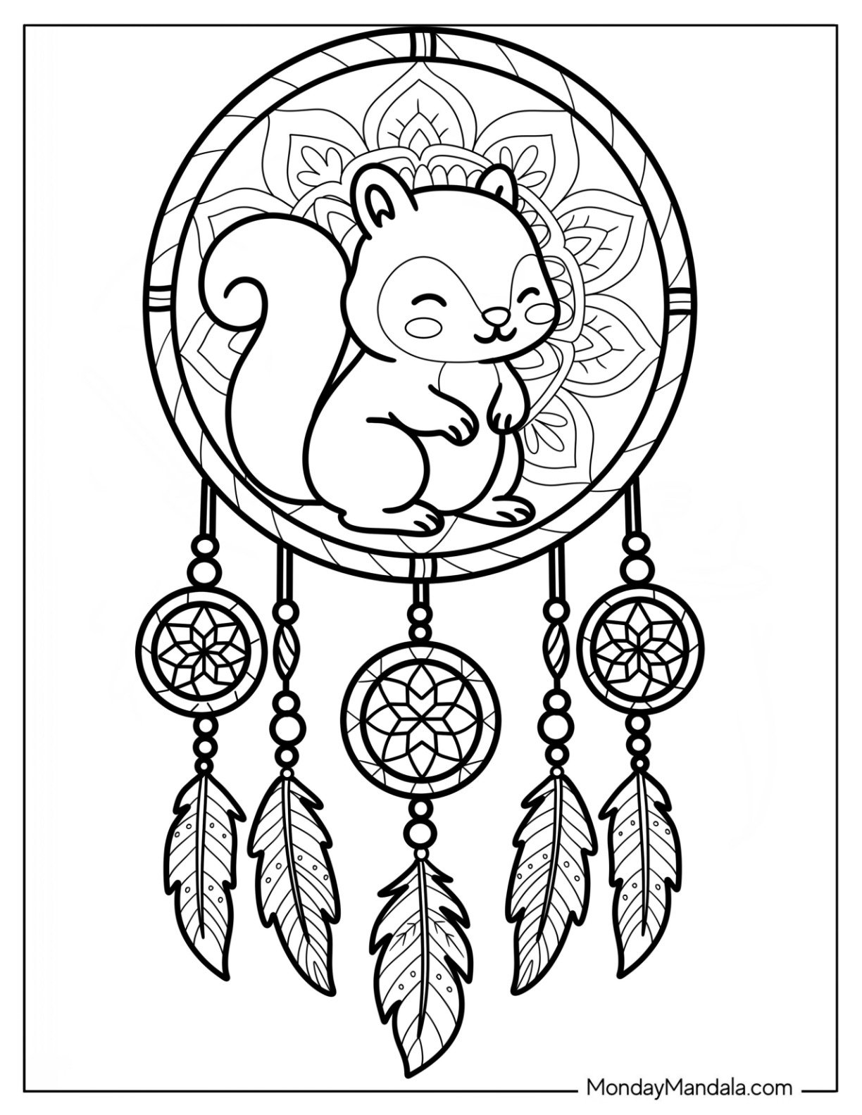 Sleeping Squirrel Coloring Page in Dreamcatcher with Feathers