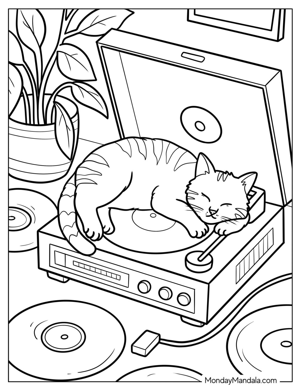 Sleepy Cat Coloring Page Lying on a Vintage Record Player