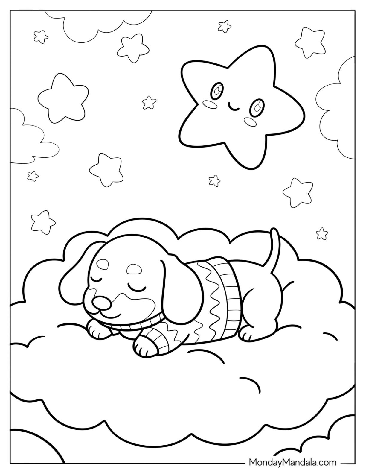 Sleepy Dachshund in Sweater on Fluffy Cloud with Smiling Stars Coloring Page