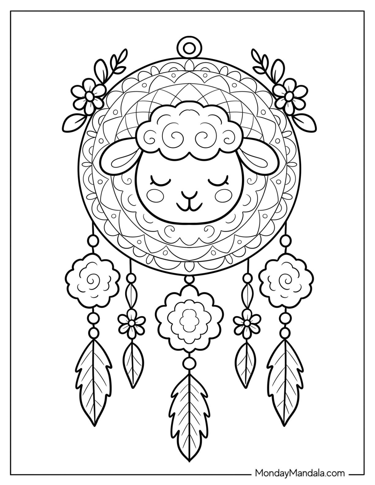 Sleepy Sheep Coloring Page Inside a Whimsical Dreamcatcher