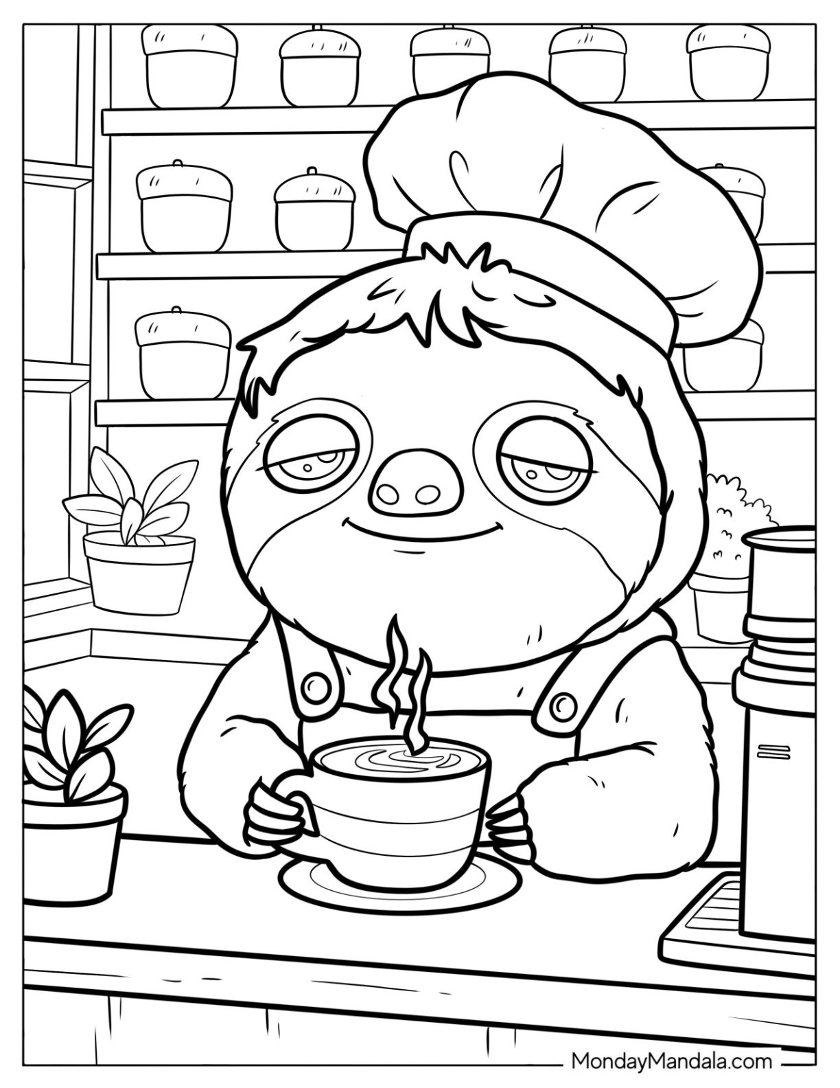 Sleepy Sloth Coloring Page Chef Drinking Coffee for Kids