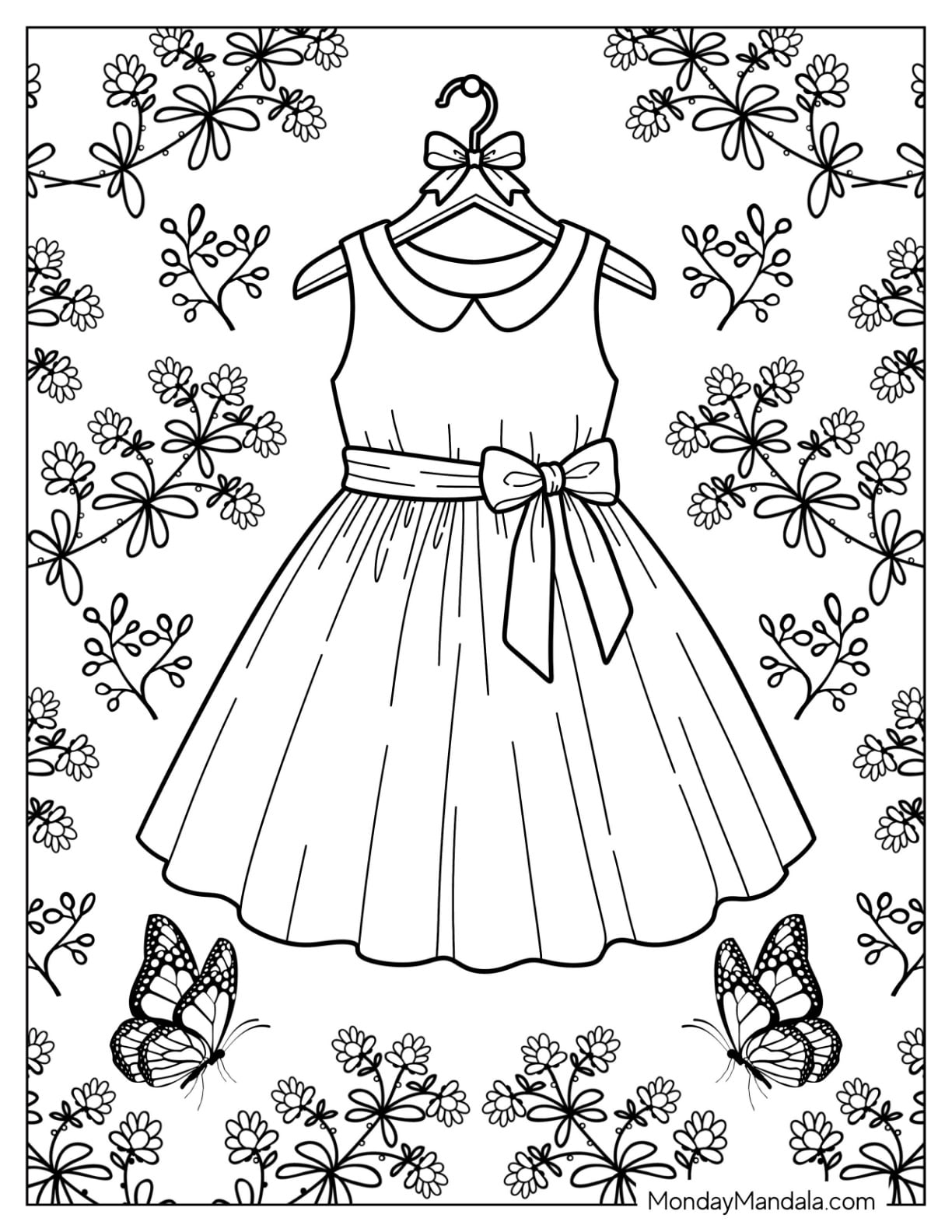 Sleeveless Bow Dress Surrounded by Flowers and Butterflies Coloring Page