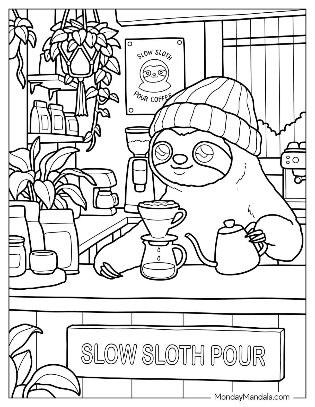 Sloth Making Pour Over Coffee in a Cozy Café Coloring Sheet