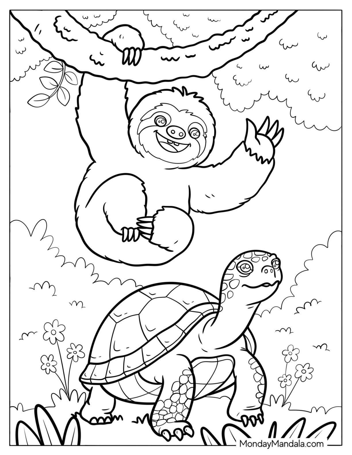 Sloth Coloring Page Waving from a Tree with Turtle Below It