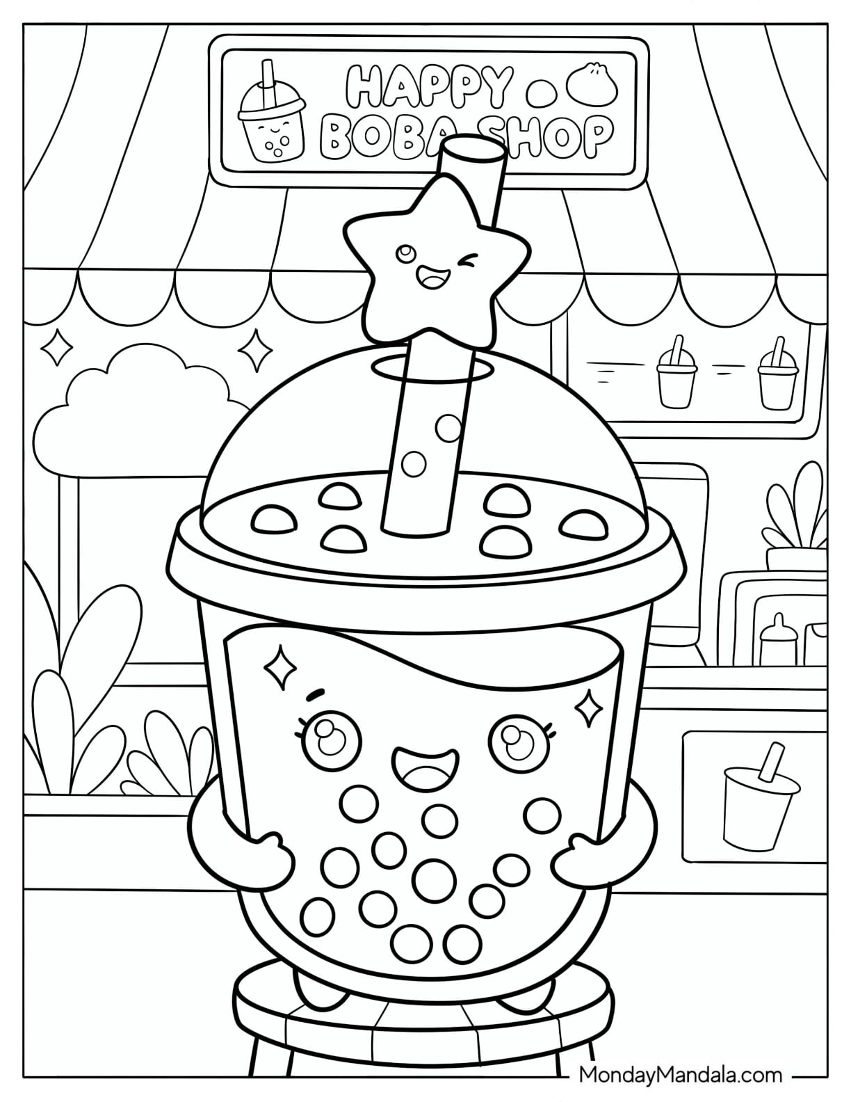 Small Boba Tea Cup with Star Straw Coloring Page