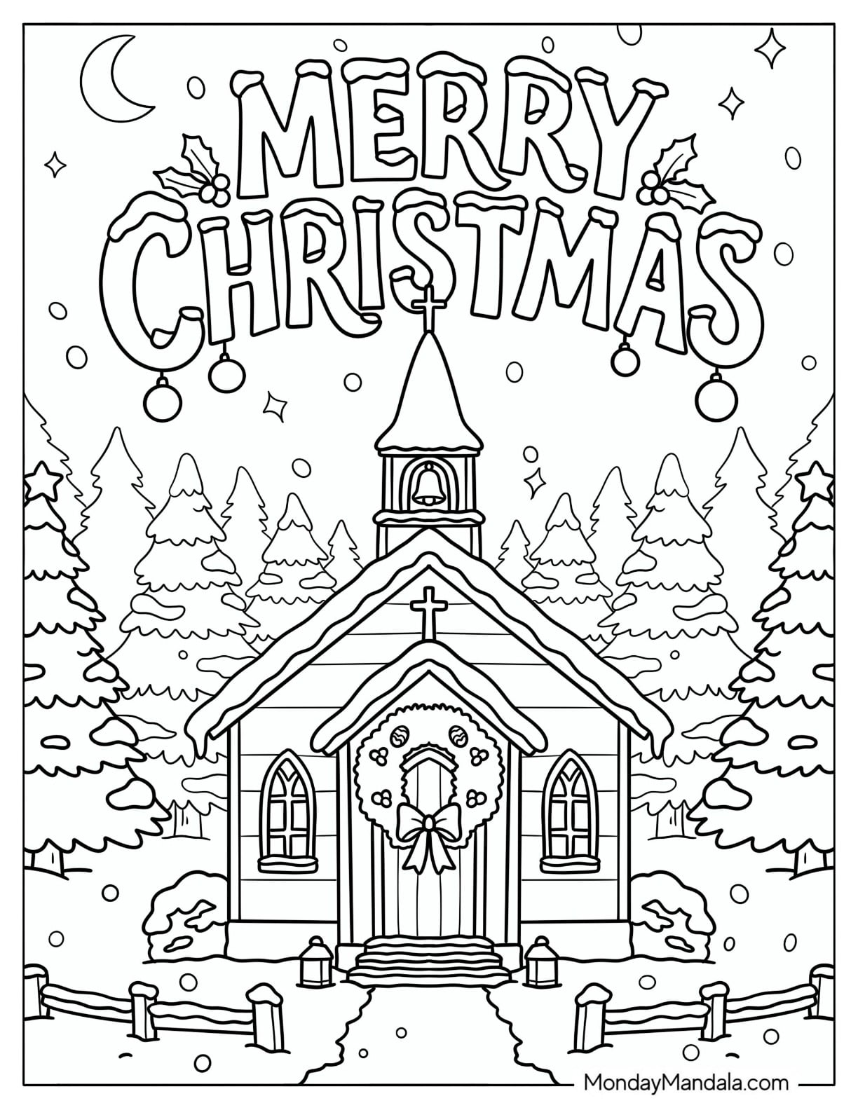 Small Church Covered in Snow in Christian Christmas Coloring Page