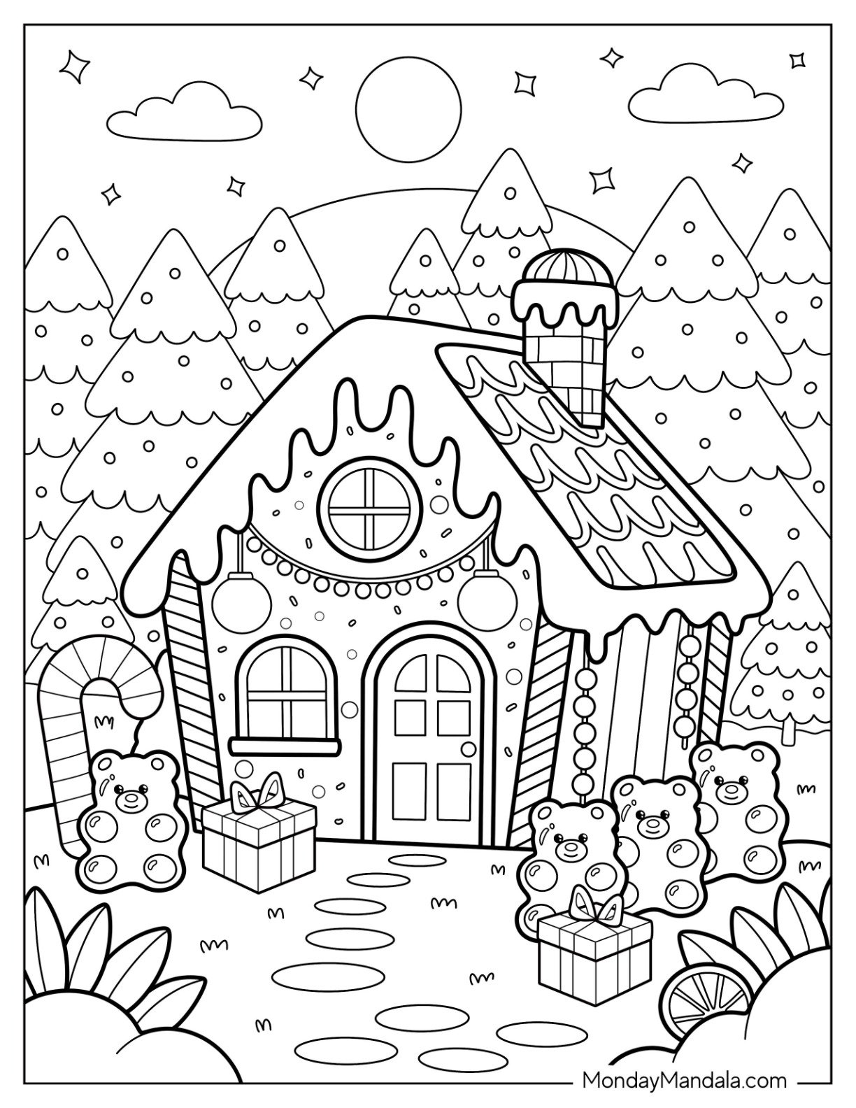 Small Gingerbread House Coloring Page with Gummy Bears, Candy Canes, and Lots of Icing