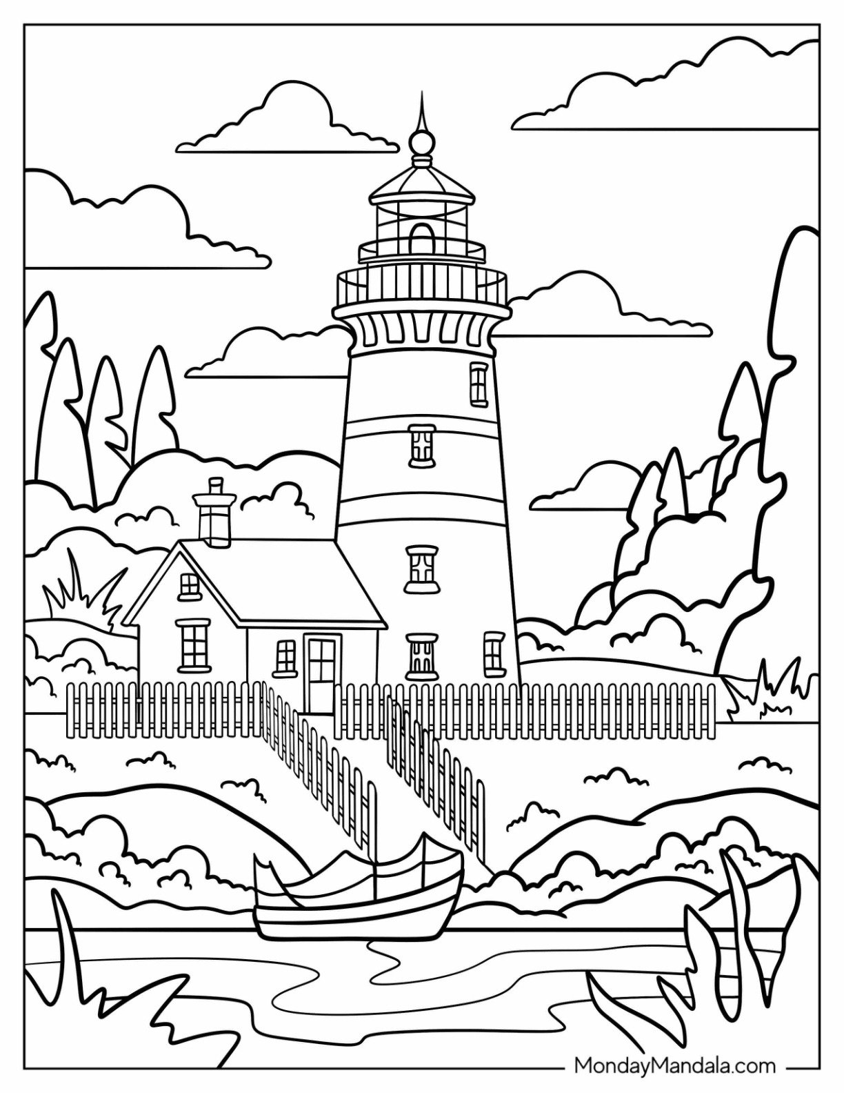 Small Lighthouse Coloring Page with Picket Fence and Boat at Sea