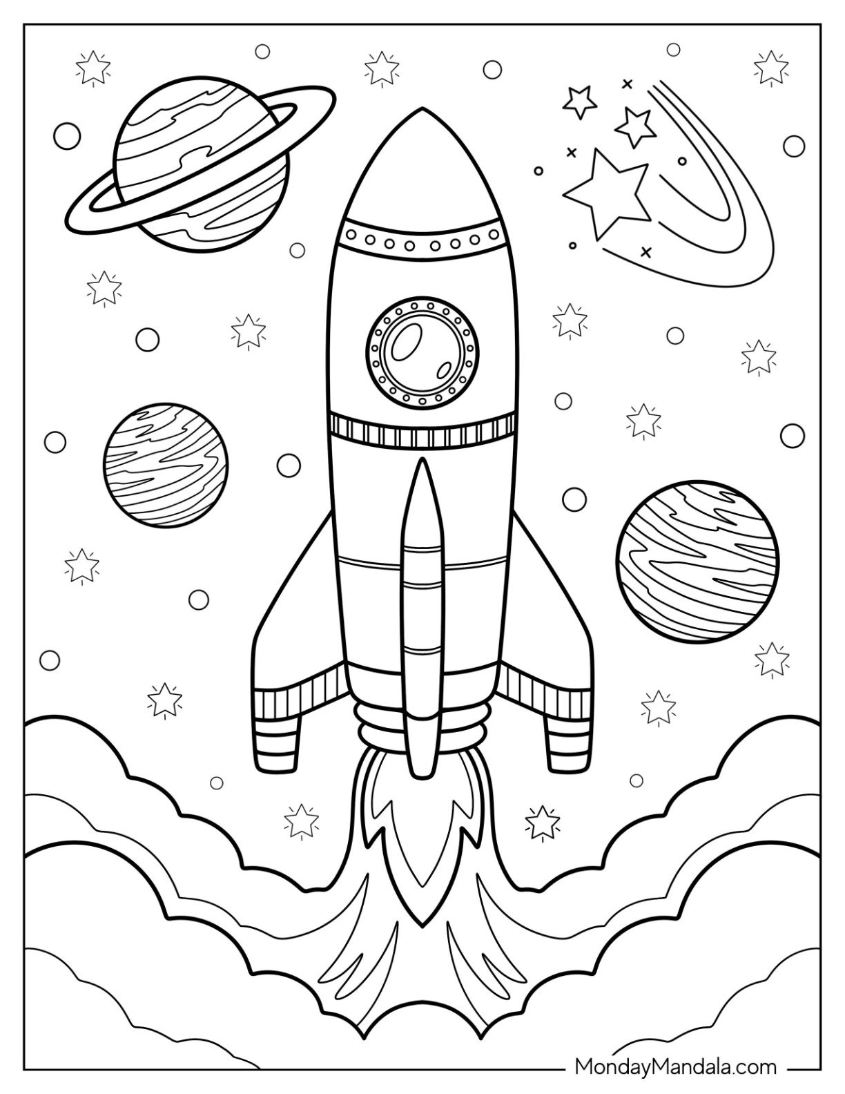 Small Rocket Coloring Page Launching into Outer Space