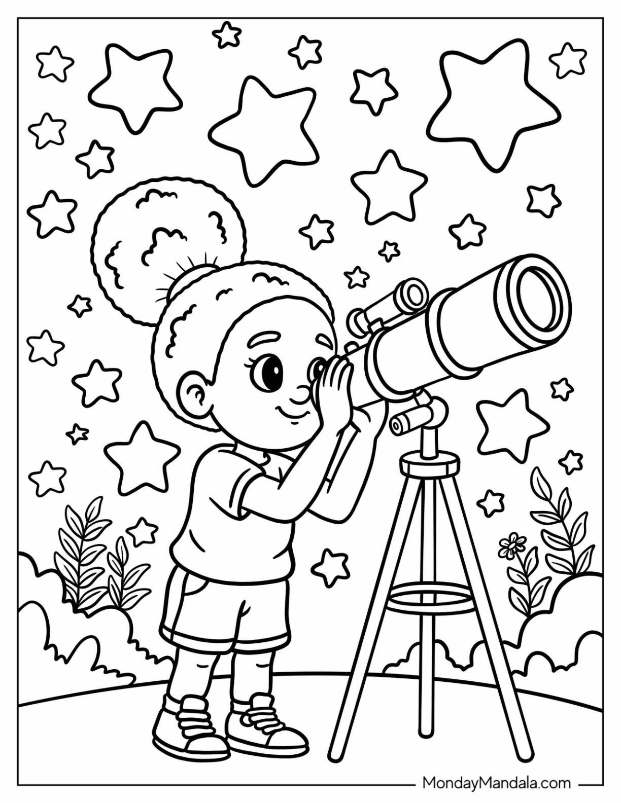 Smart Black Girl & Boy Coloring Page Looking Through a Telescope on Starry Night