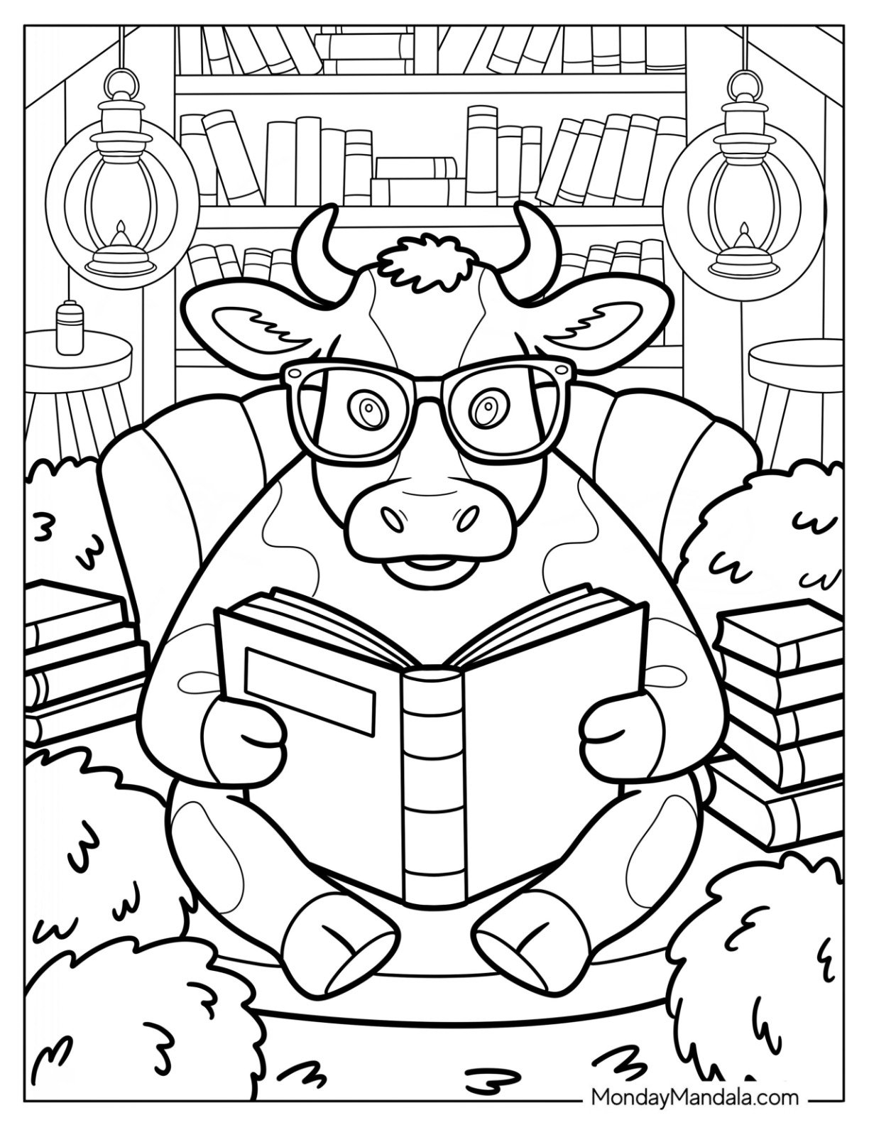 Smart Cow Coloring Page Reading A Book In A Cozy Library