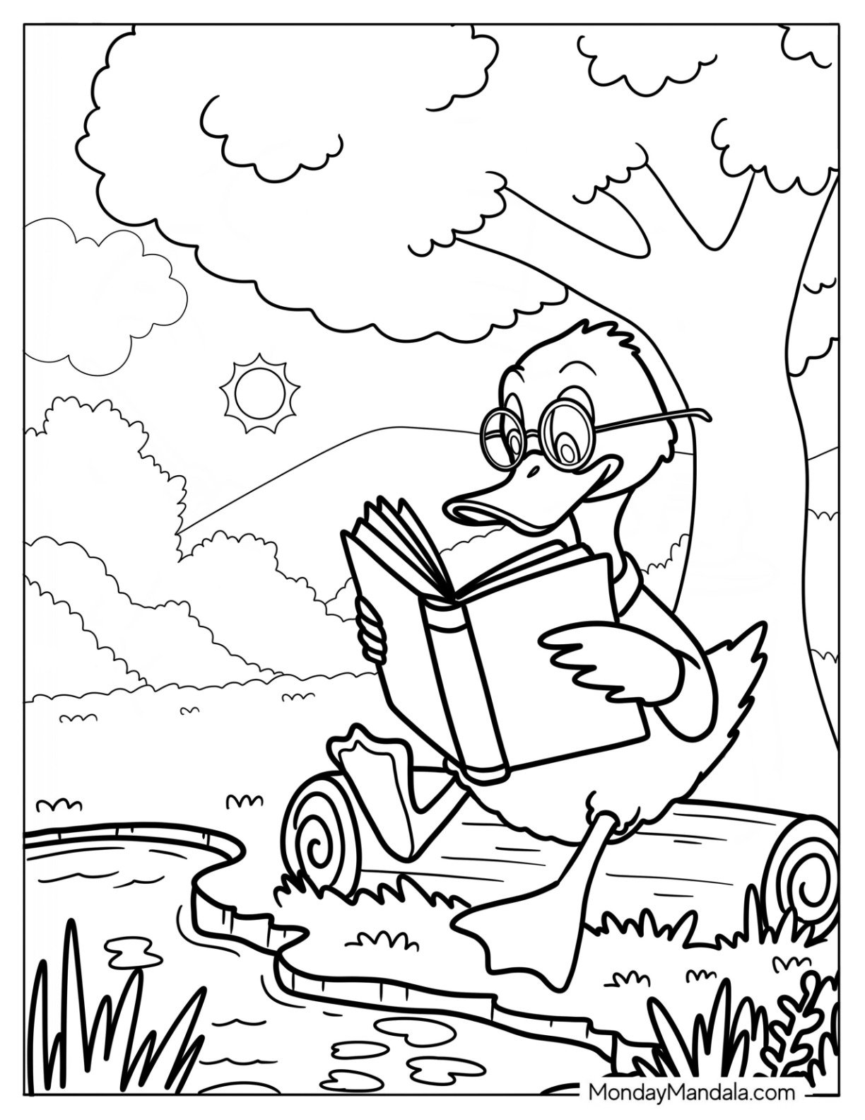 Smart Duck Reading by the Pond Coloring Page