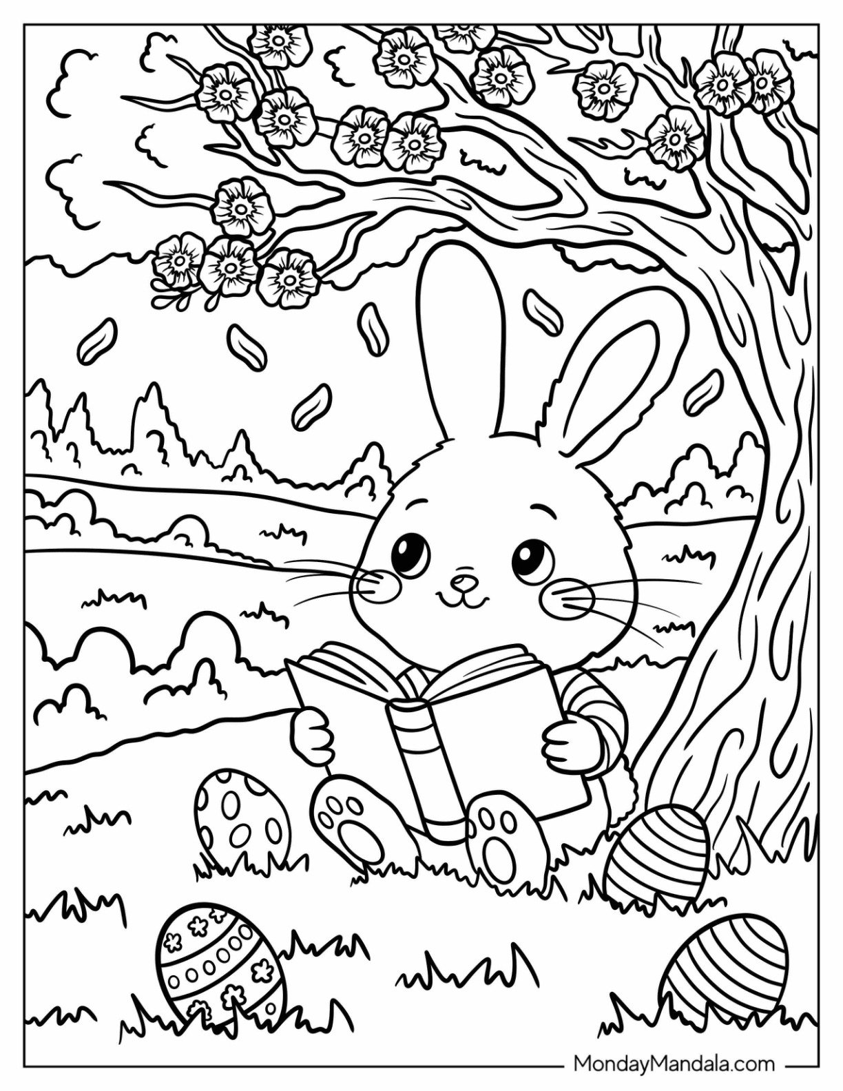 Smart Easter Bunny Coloring Page Reading Under a Flowering Tree with Easter Eggs on the Grass for Kids