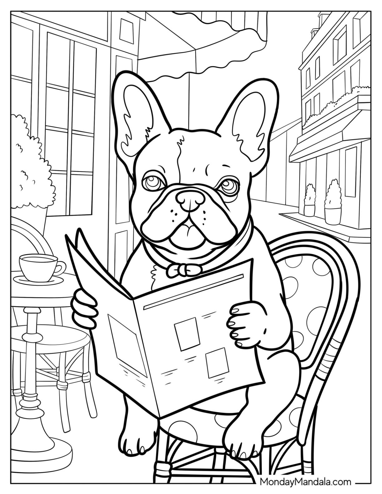 Smart French Bulldog Coloring Page Reading a Newspaper in a Cafe