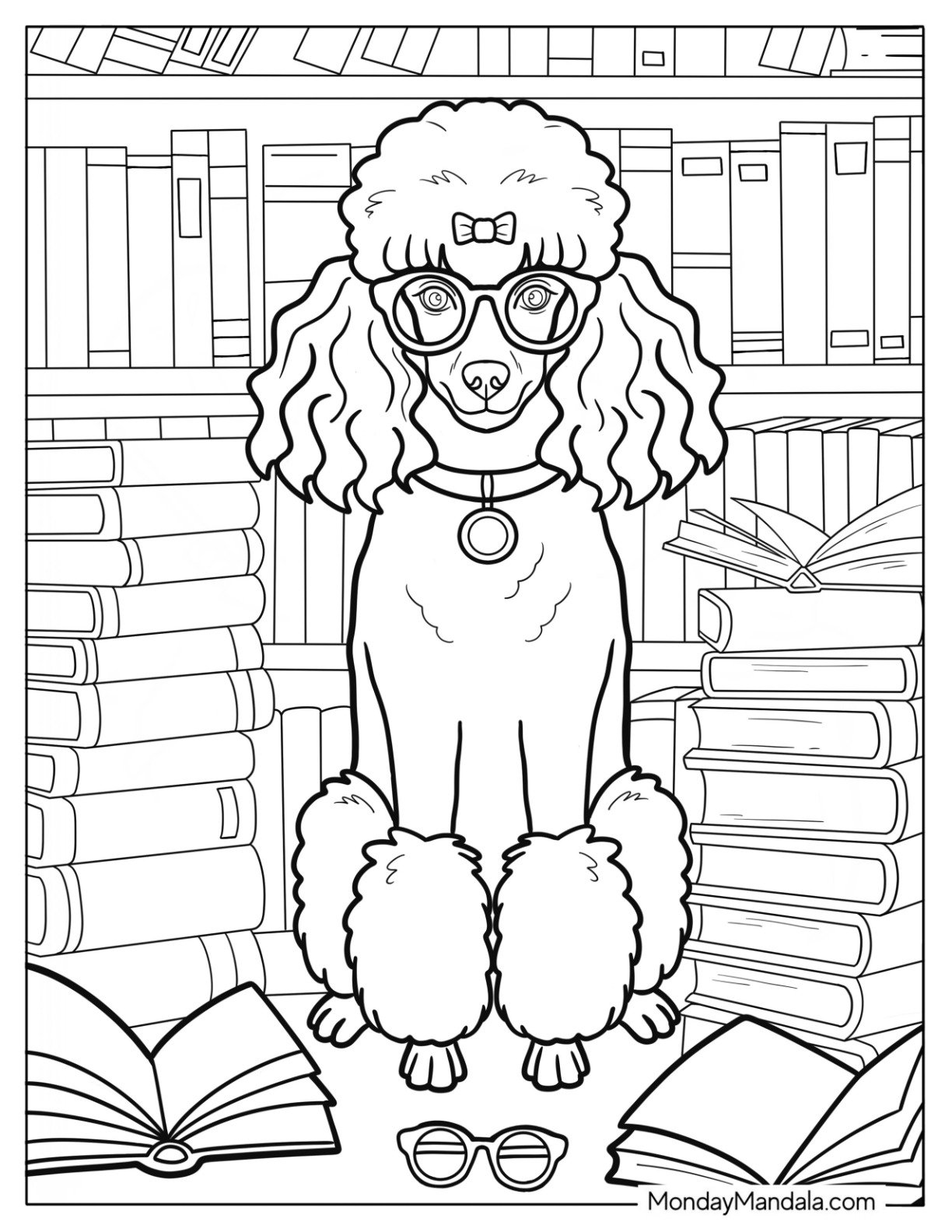 Smart Poodle Coloring Page in Library Surrounded by Stacked Books
