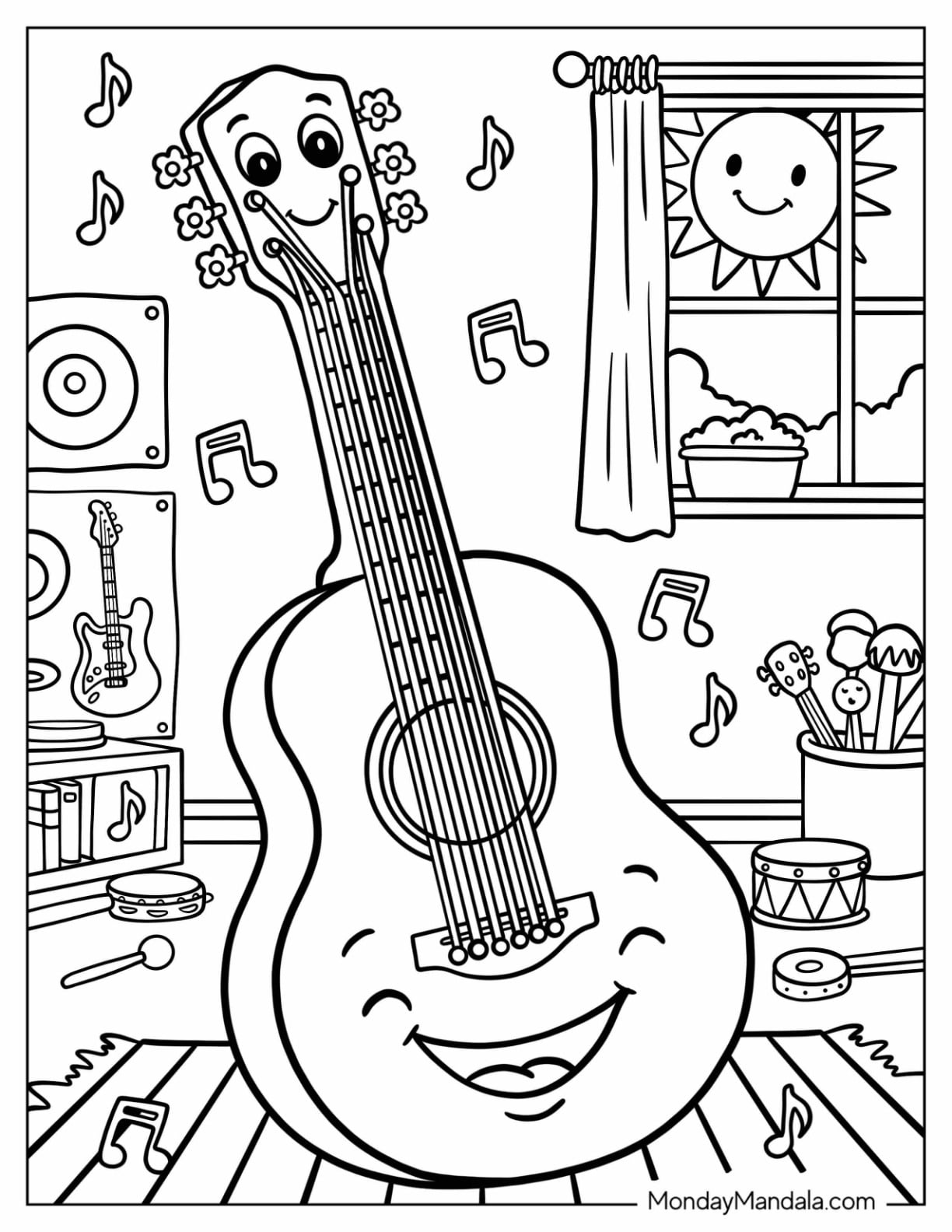 Smiling Acoustic Guitar Coloring Page in a Music Room for Kids