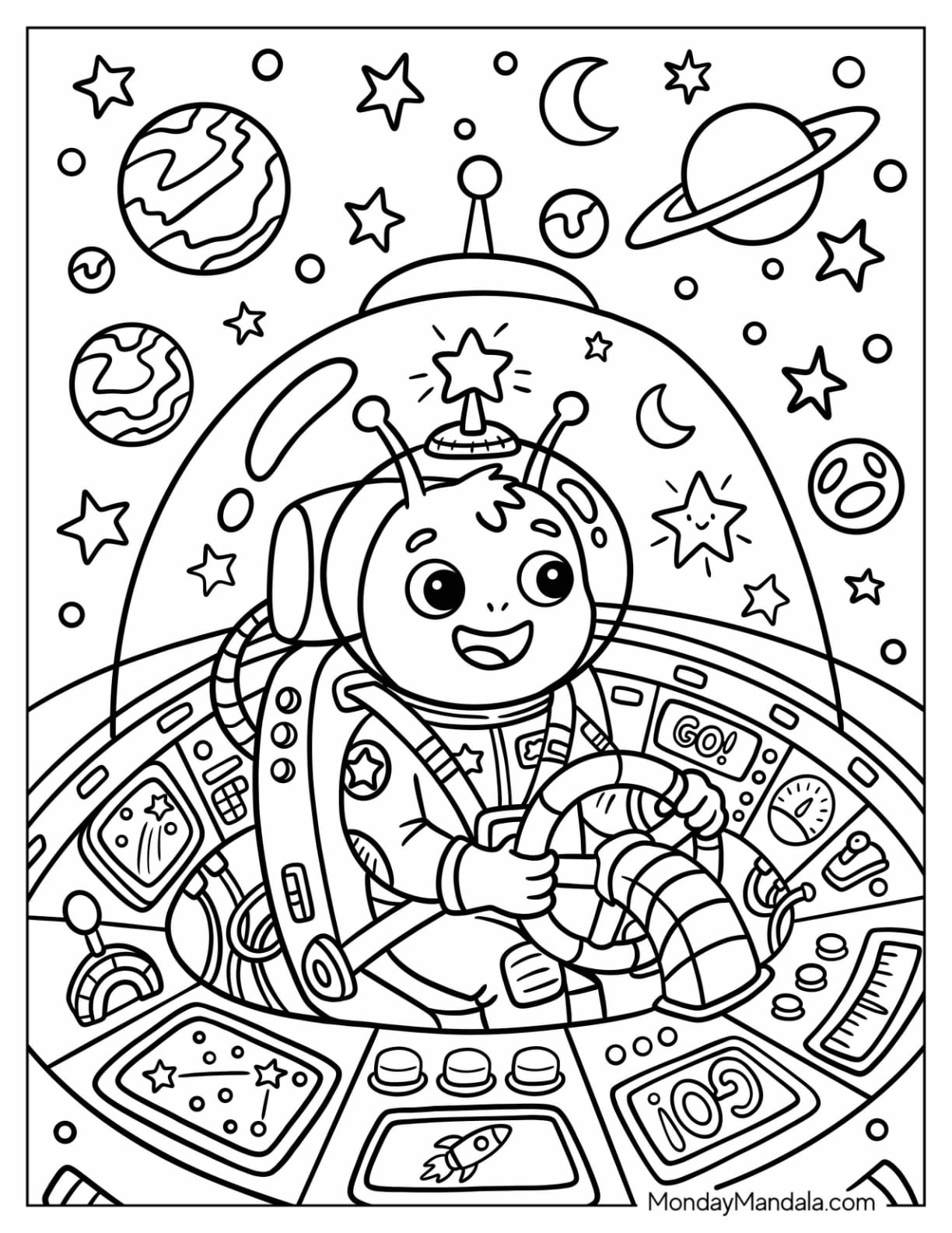 Smiling Alien Piloting a Spaceship Coloring Page