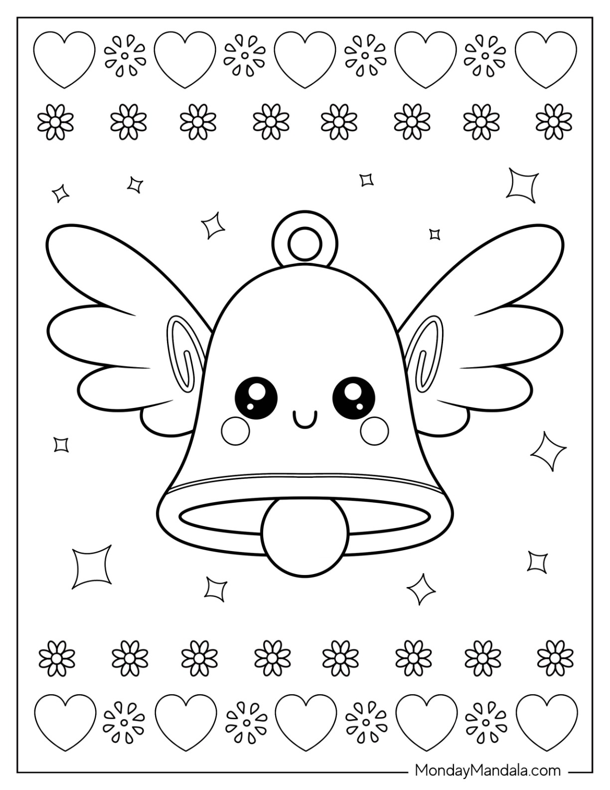 Smiling Angel Bell Coloring Page with Floral Border and Sparkles for Preschoolers