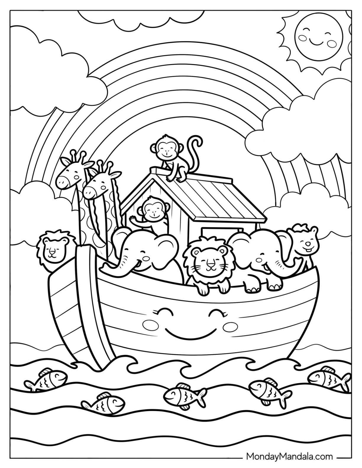 Smiling Animals in Noah's Ark Coloring Page with Rainbow and Sunny Sky