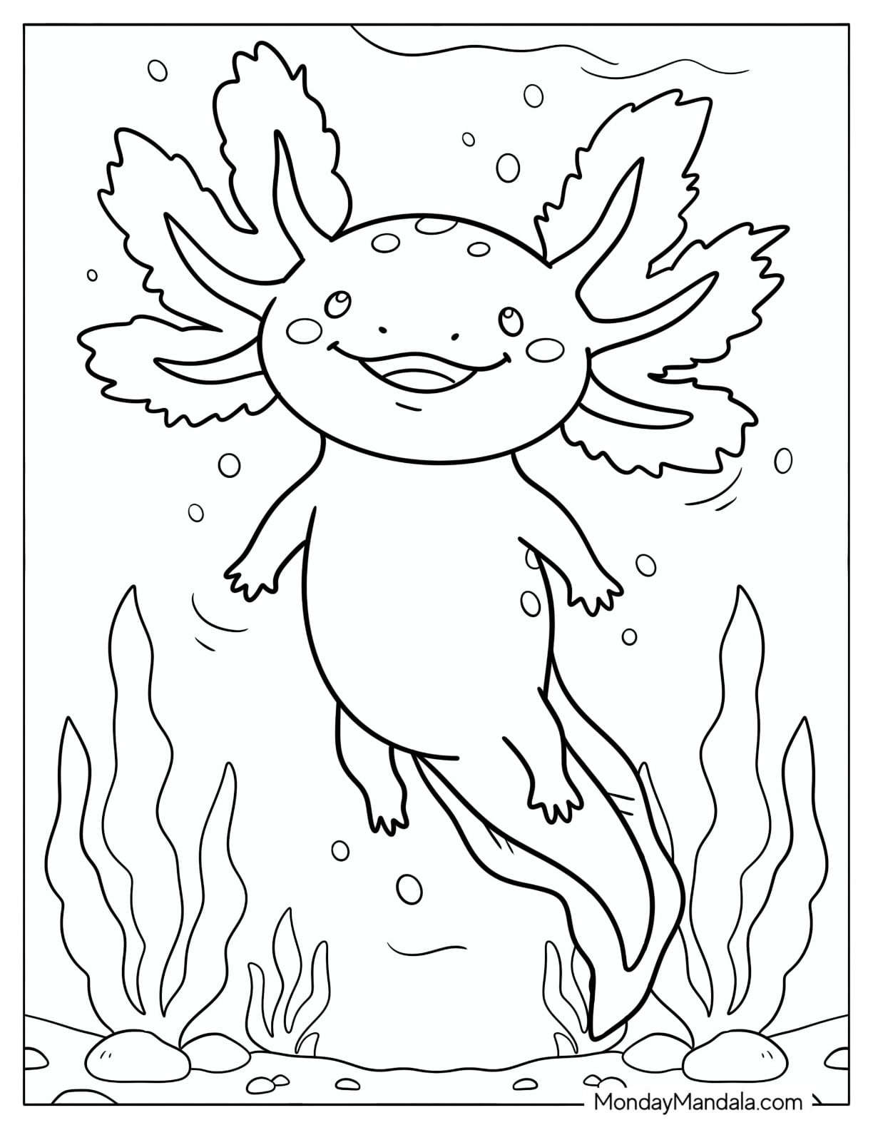 Smiling Axolotl Swimming Among Aquatic Plants Coloring Page for Kids