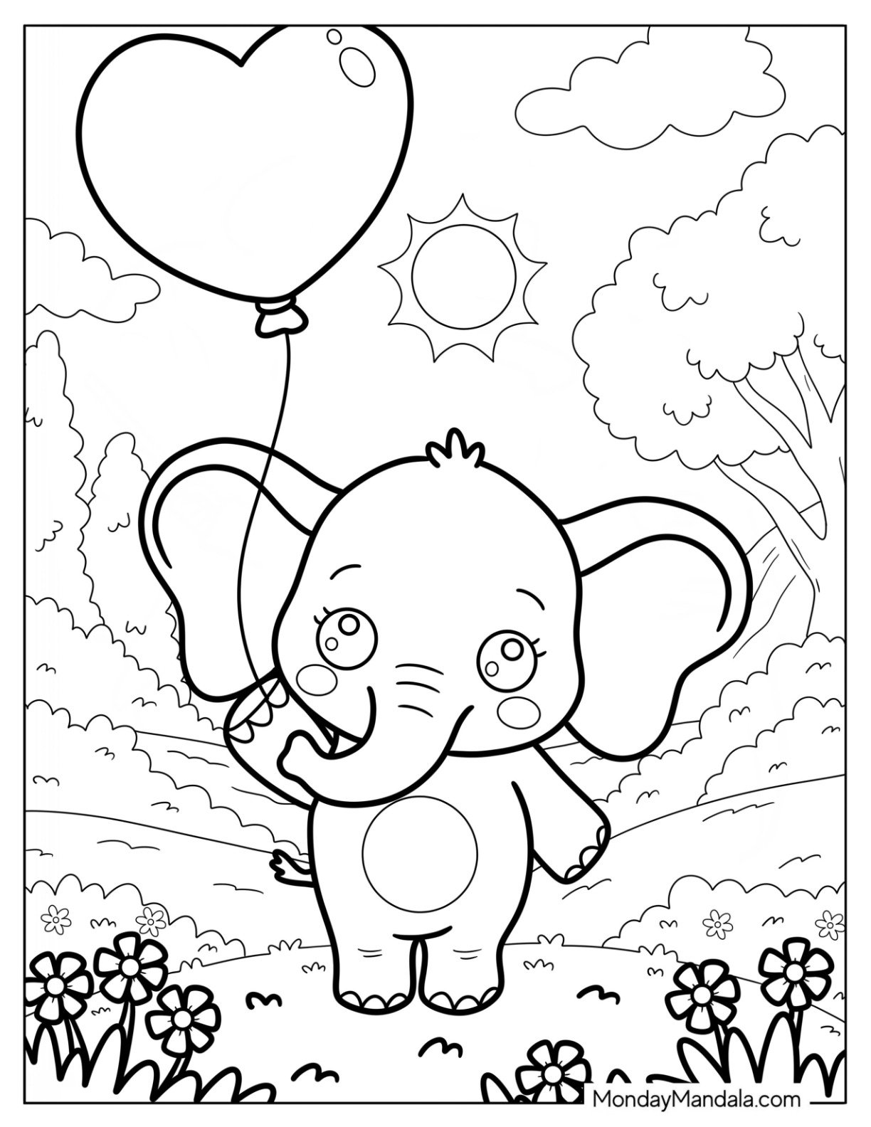 Smiling Baby Elephant Coloring Page Standing Among Flowers with Balloon for Kids