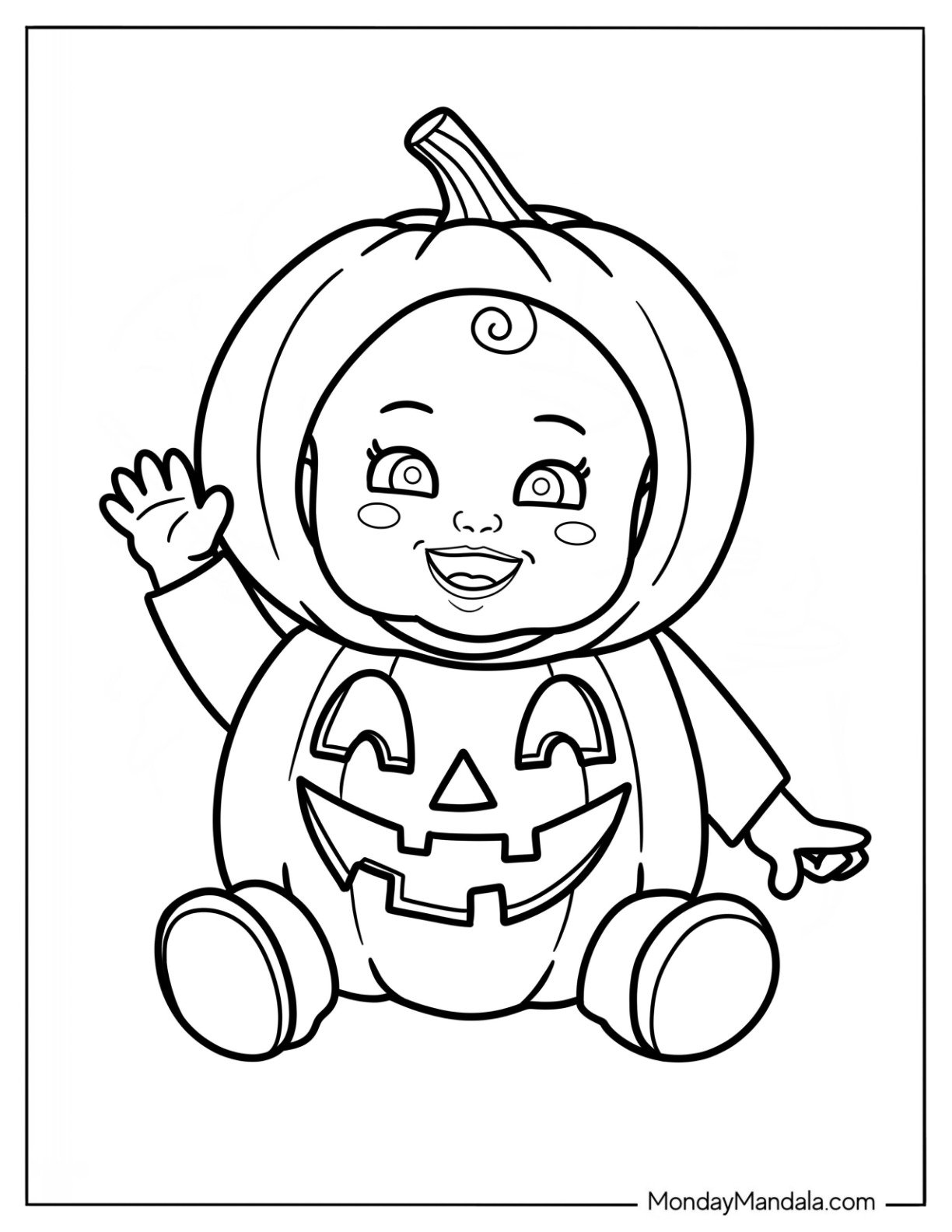 Smiling Baby Coloring Page In a Jack O Lantern Costume