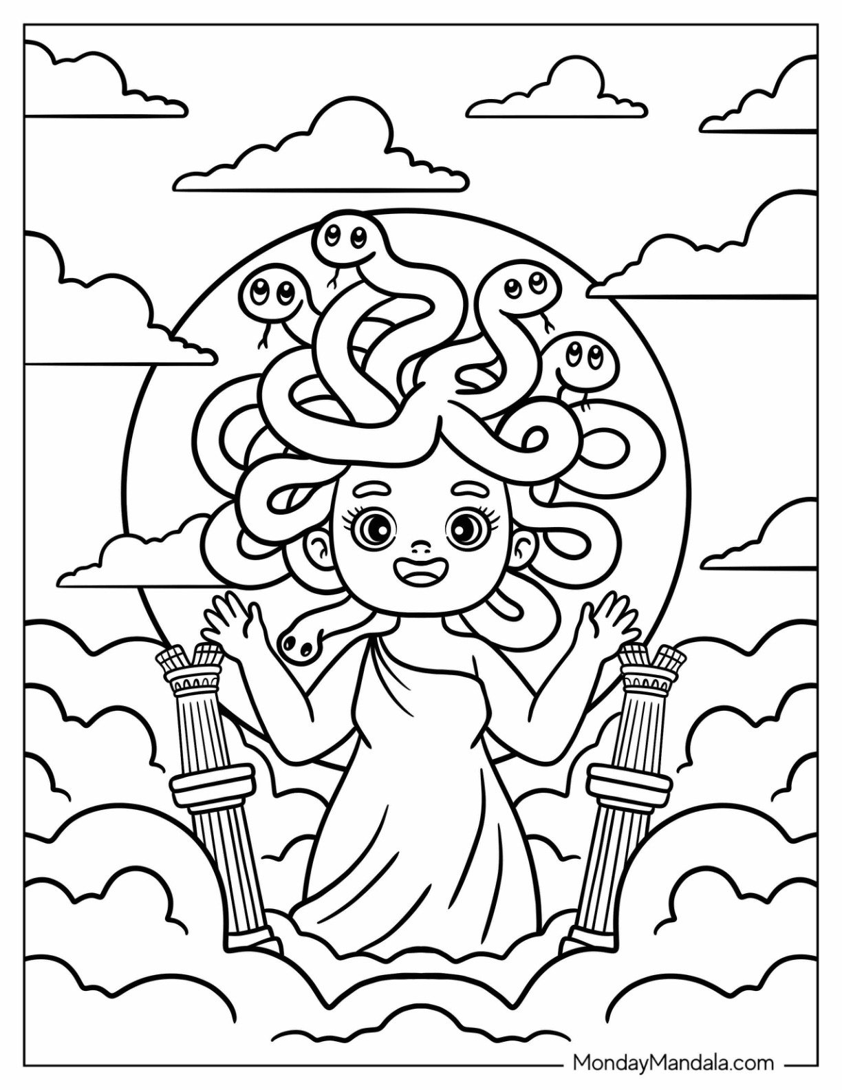 Smiling Baby Medusa Coloring Page in the Clouds with Friendly Snakes for Kids
