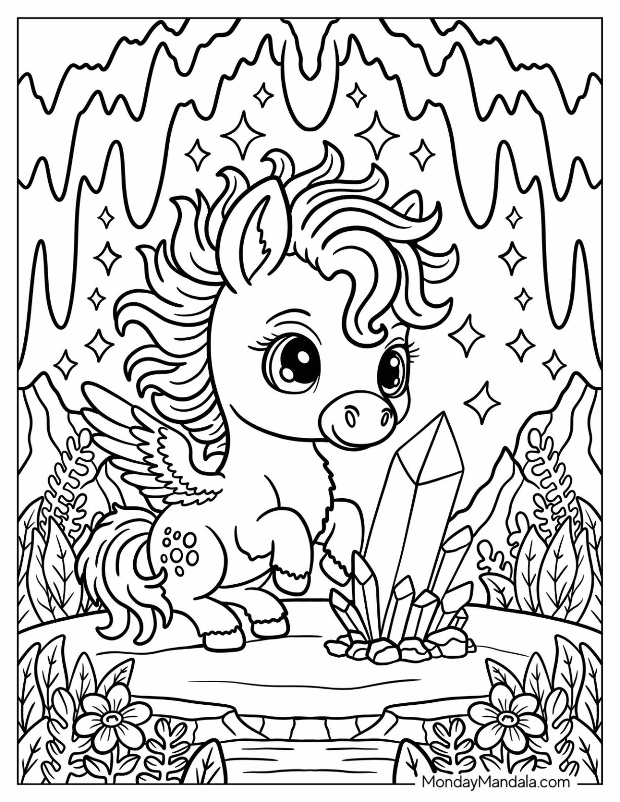 Smiling Baby Pegasus Coloring Page Looking at a Crstal for Kids