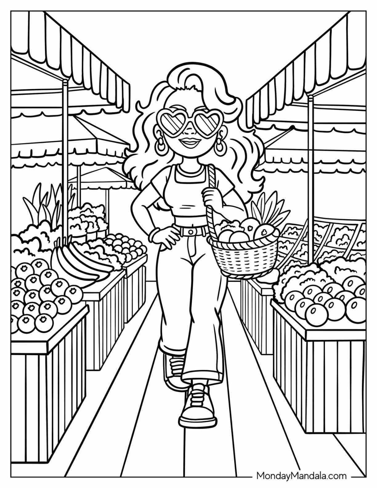 Smiling Baddie Coloring Page in Love Heart Sunglasses at Food Market