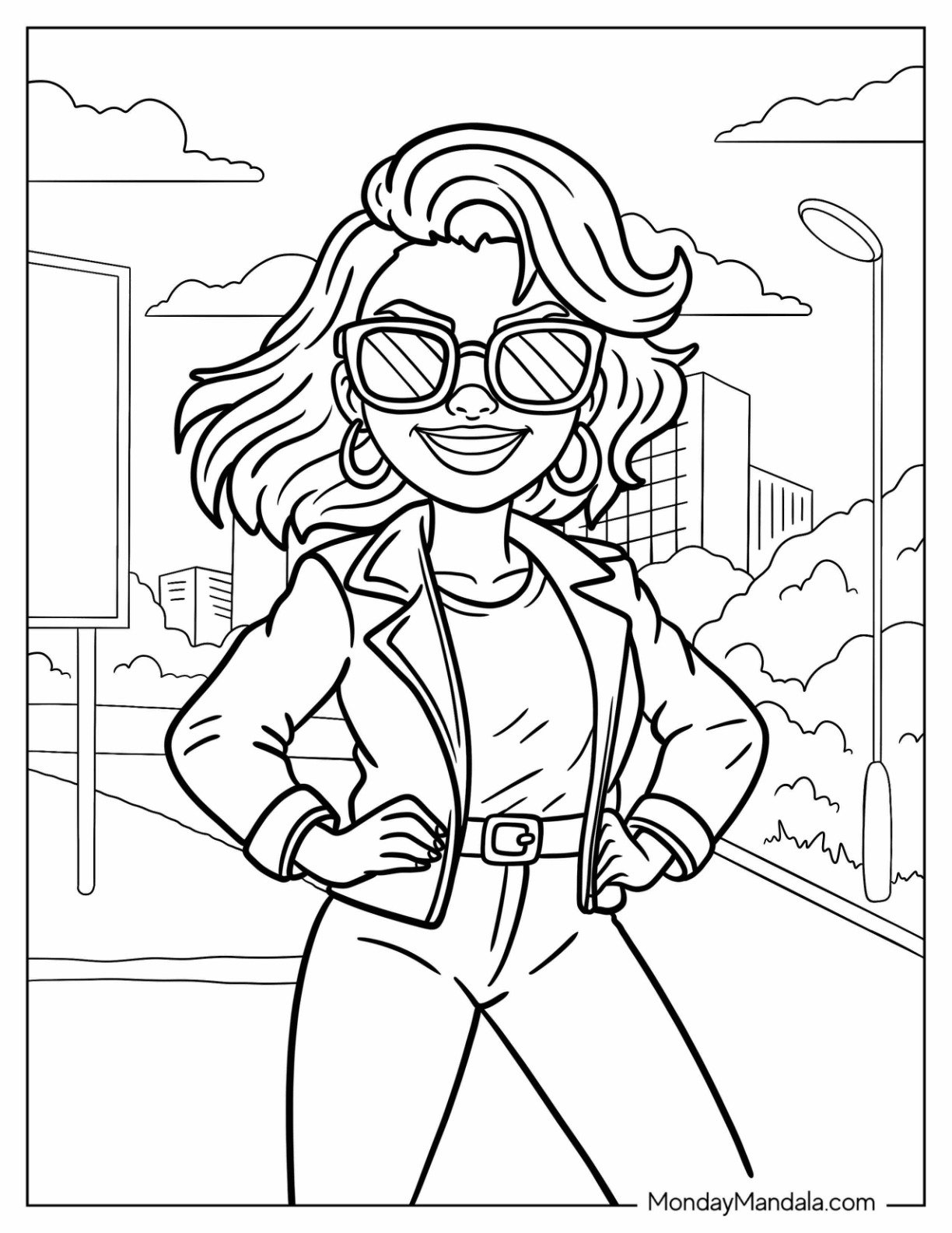 Smiling Baddie Coloring Page in Sunglasses