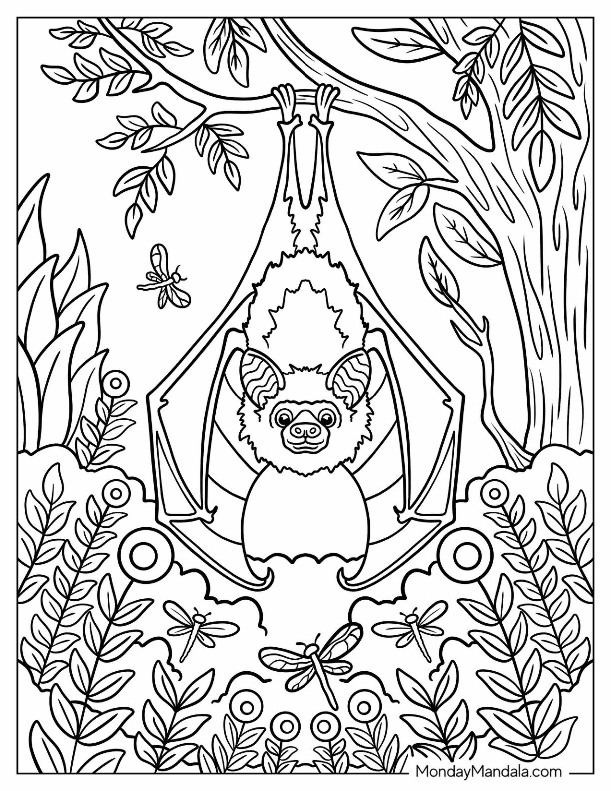 Smiling Bat Coloring Page Hanging from a Tree in the Forest